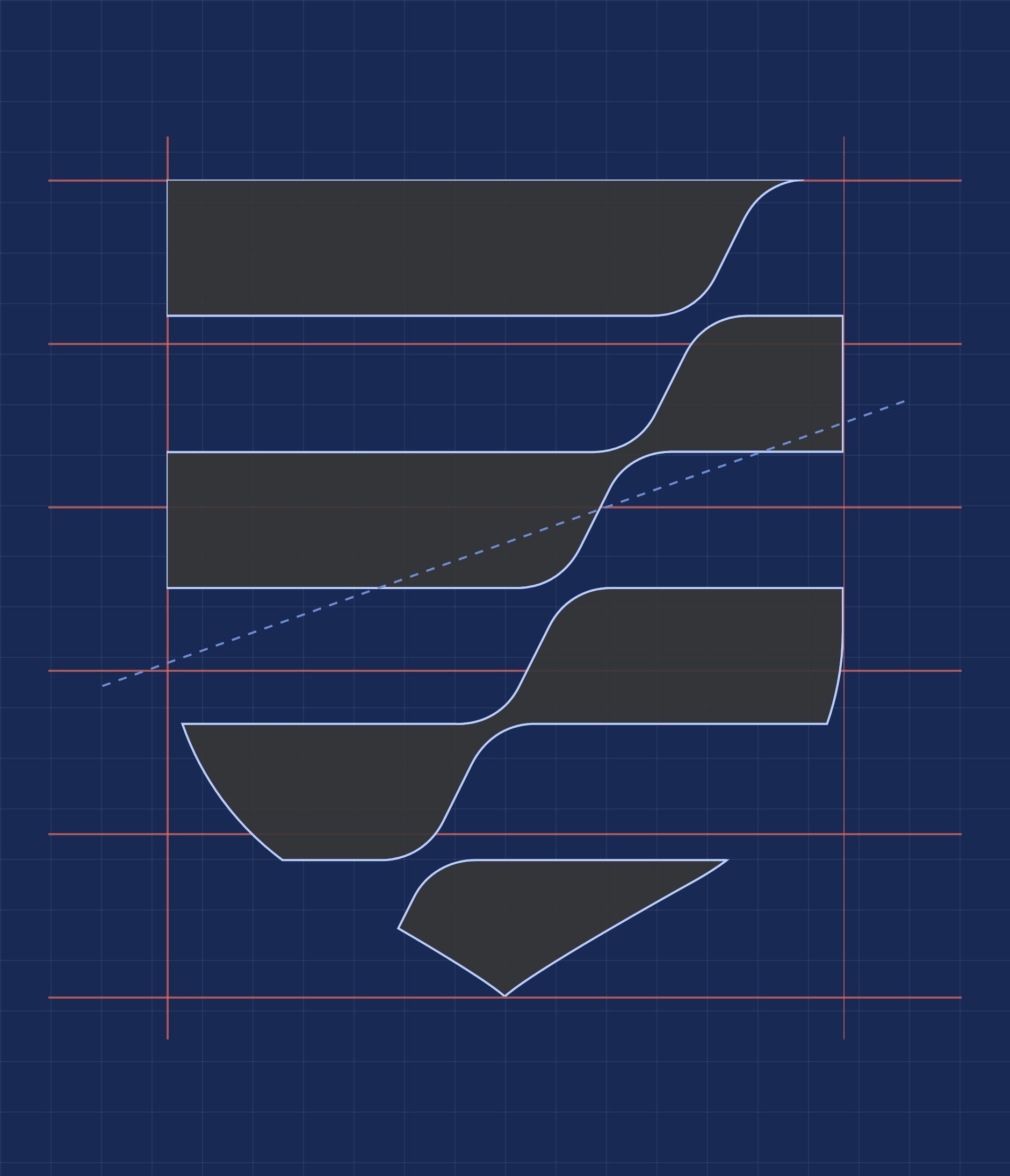 Construction of the COSS icon: four blades on a grid, horizontal guides and diagonal