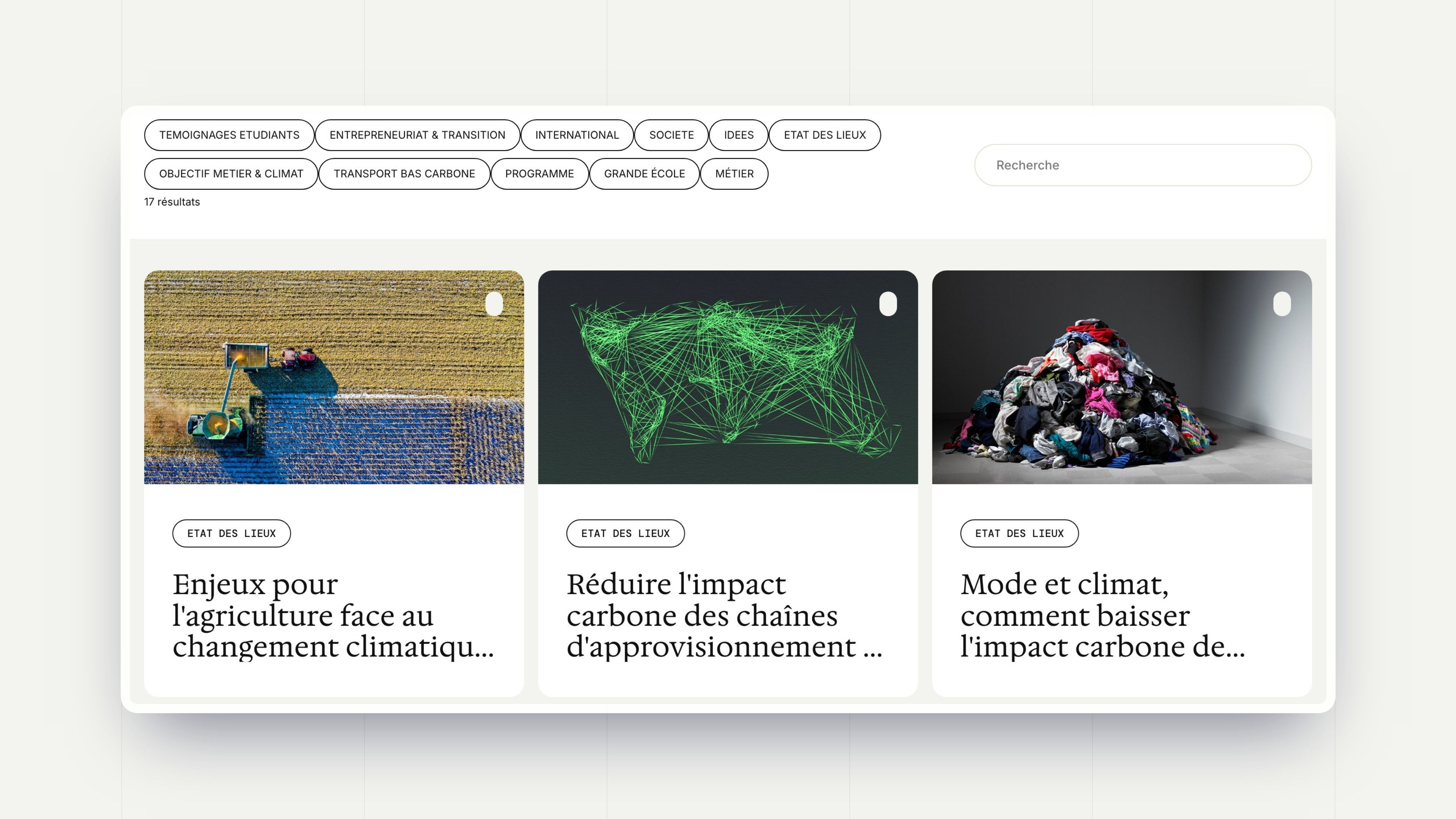 The blog filtered by topic: student testimonials, entrepreneurship and transition, state of play, careers…, with search and the number of results