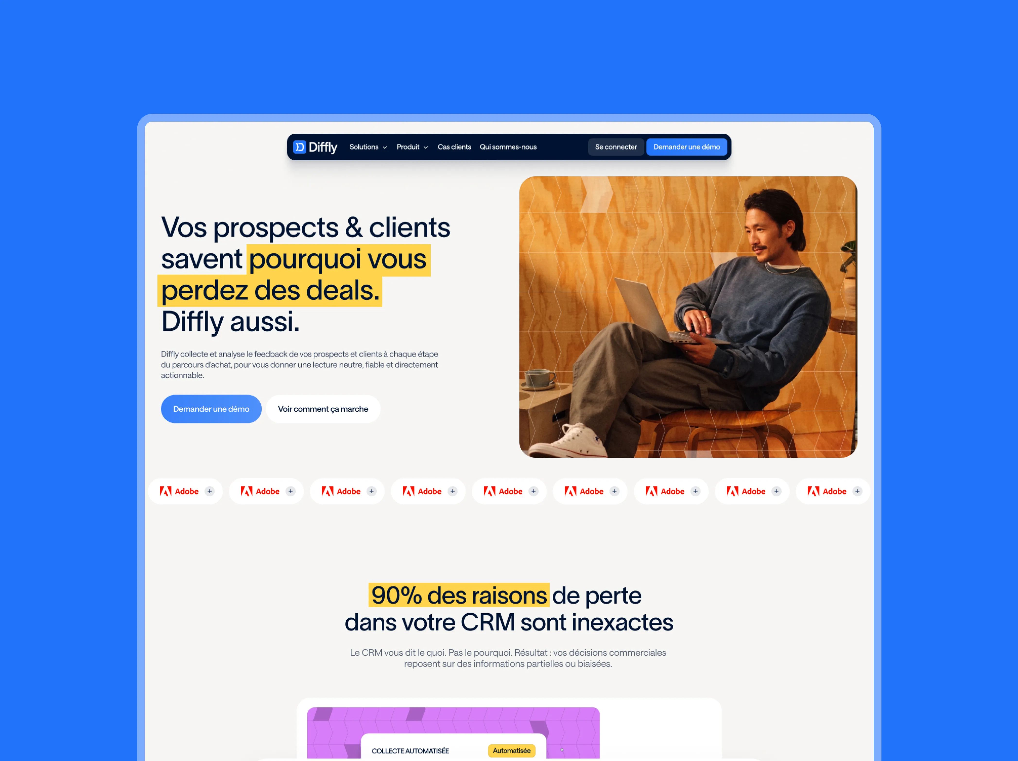 Diffly homepage mockup: headline "Your prospects & clients know why you lose deals" highlighted in yellow