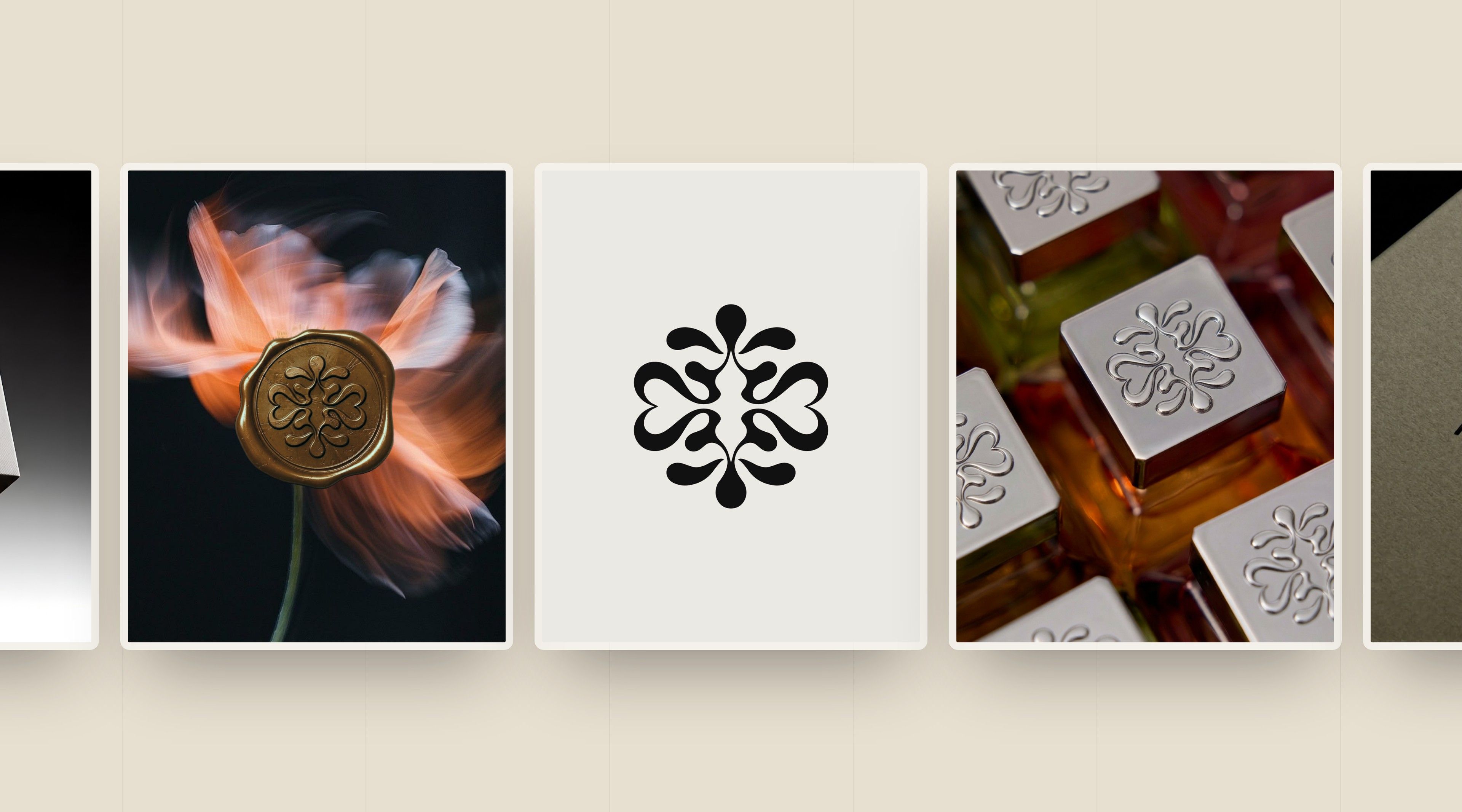 Maison Reflet brand boards: wax seal, symbol, engraved metal caps, on a sand background