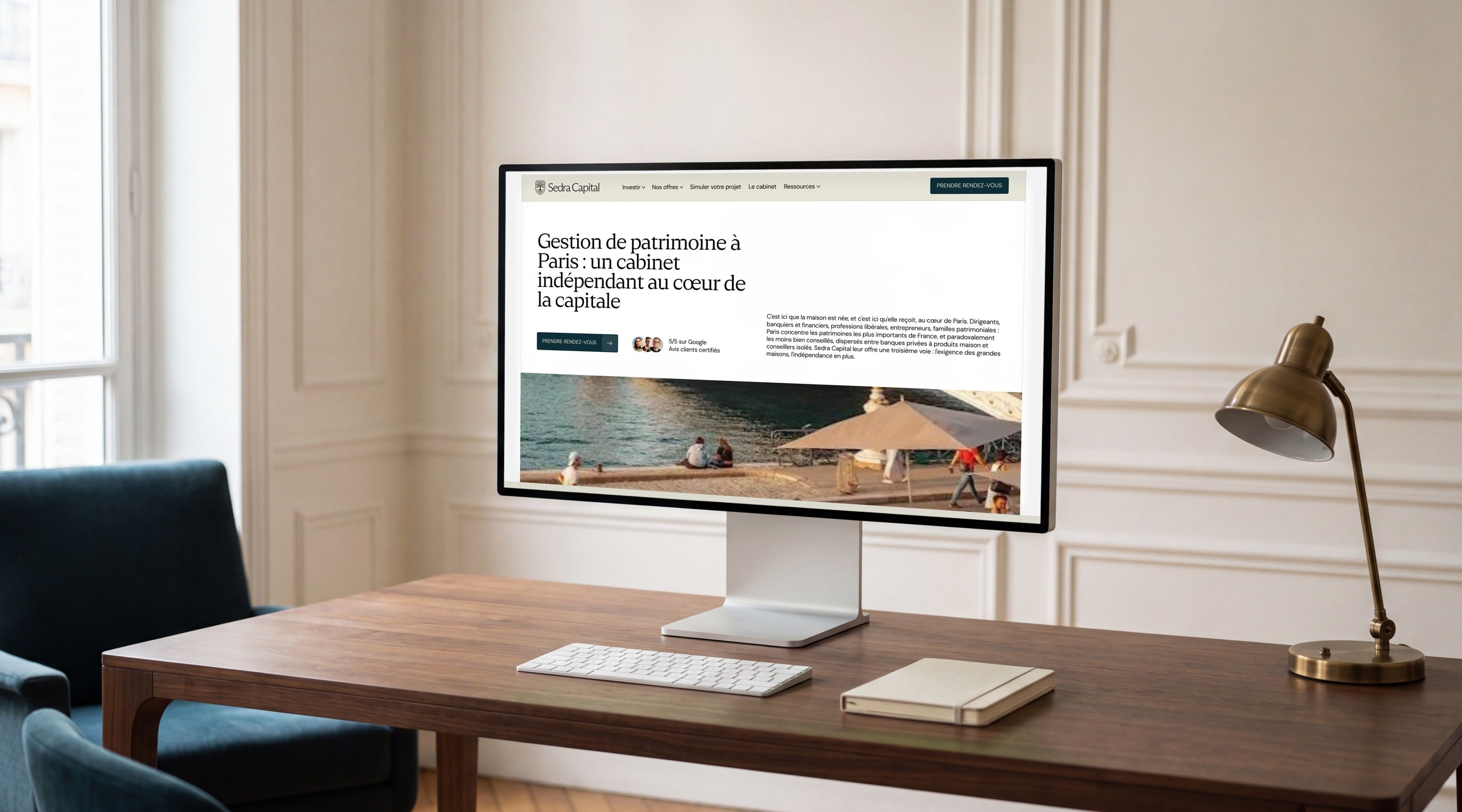Pro Display XDR open on Sedra Capital's “Wealth management in Paris” page