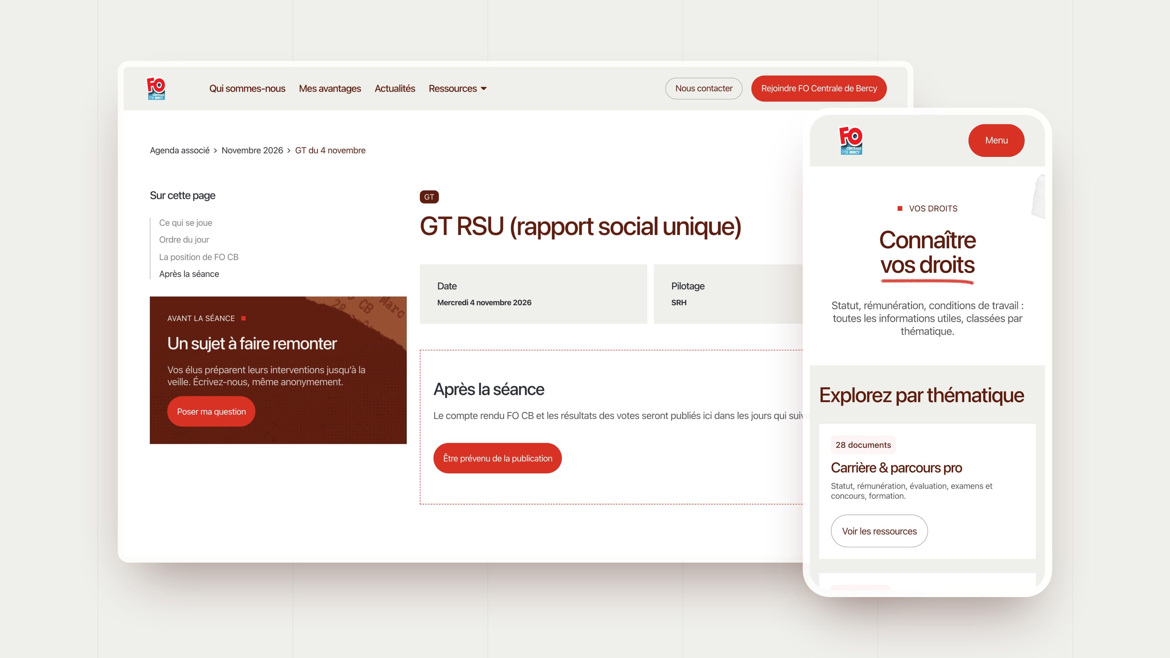 GT RSU meeting page generated by the CMS on desktop and the Know your rights page on mobile