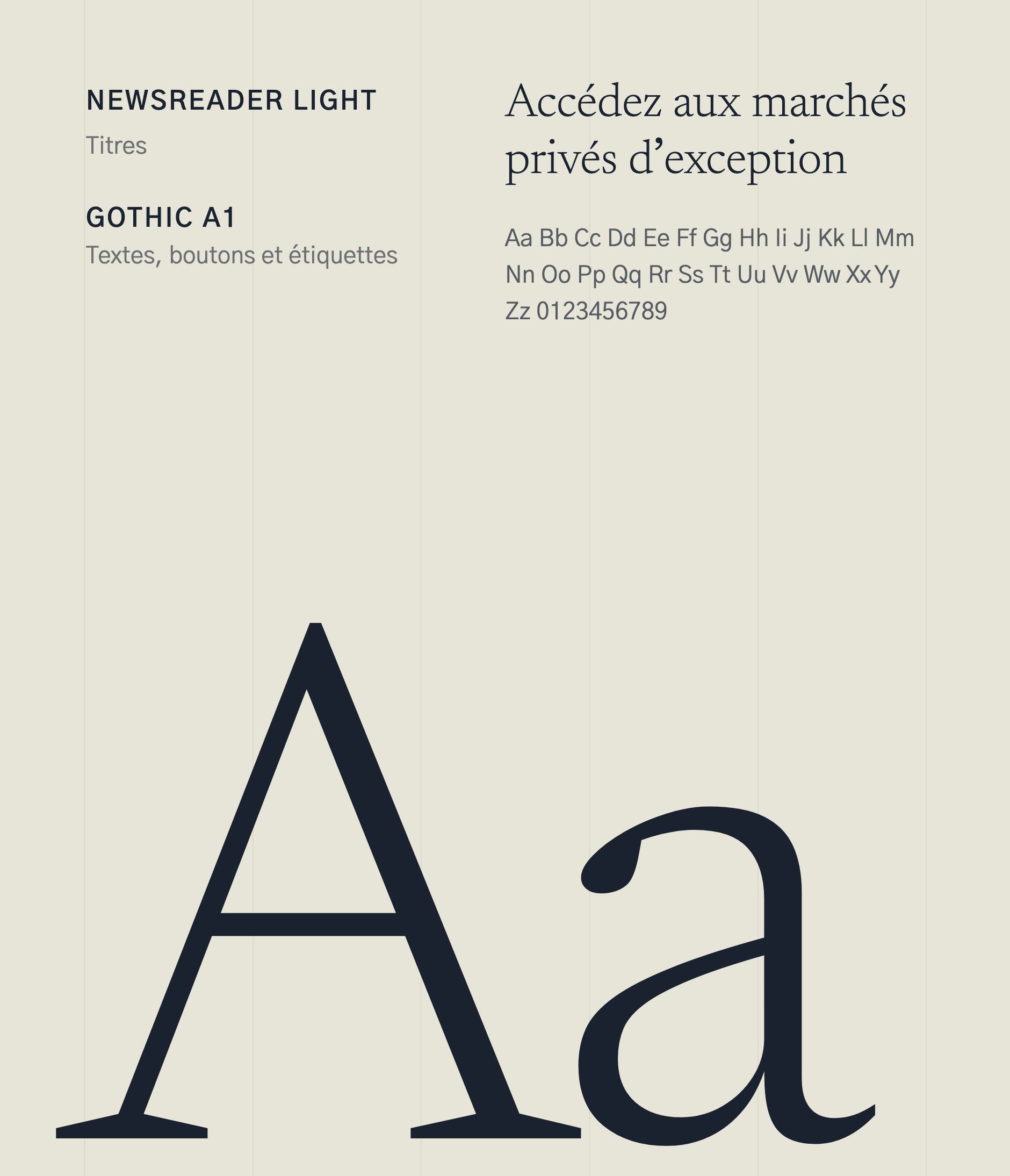 Newsreader Light for headings and Gothic A1 for body text: a large dark blue “Aa”