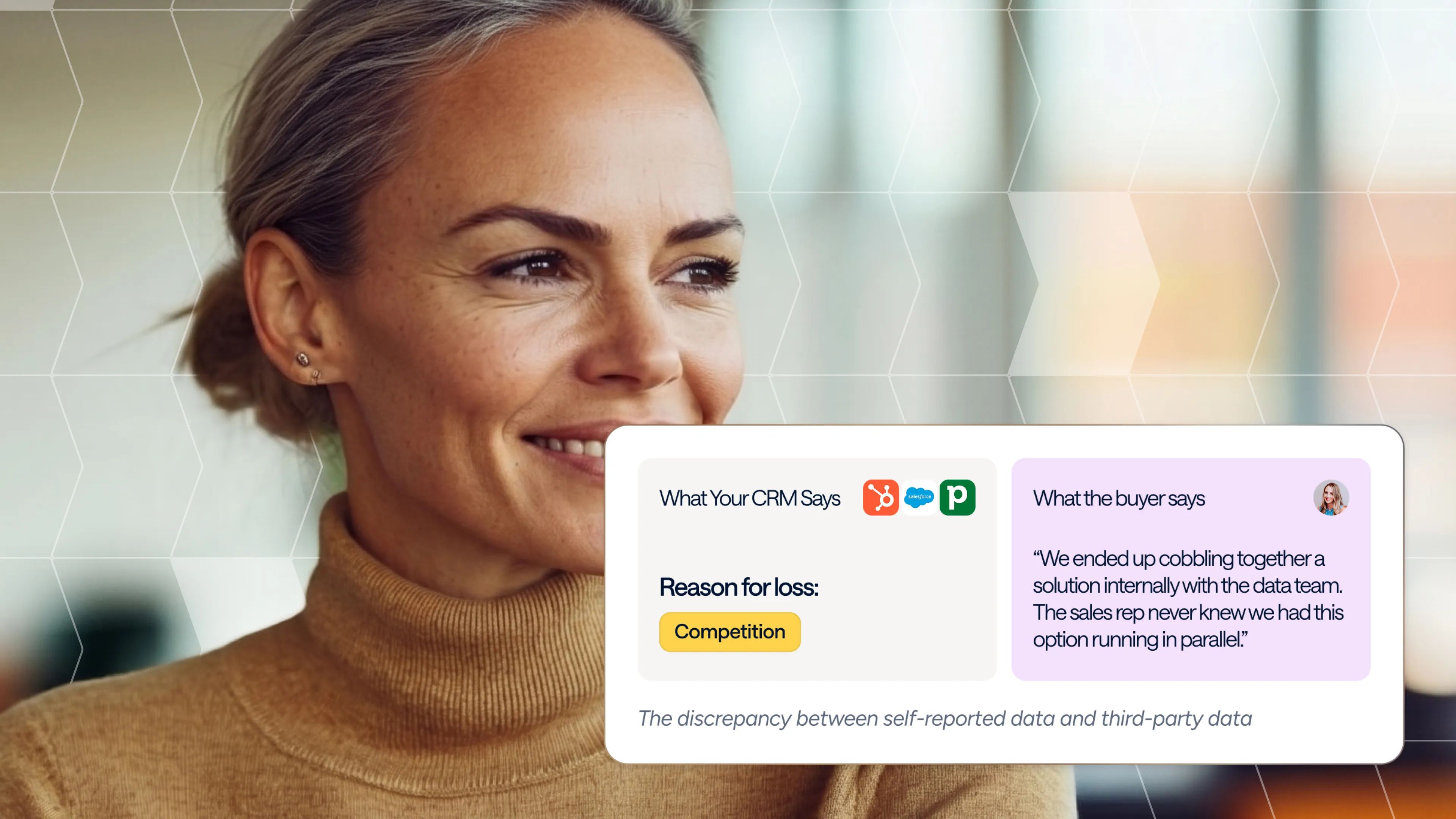 Diffly visual: smiling woman and a card comparing the CRM's loss reason with the buyer's own account