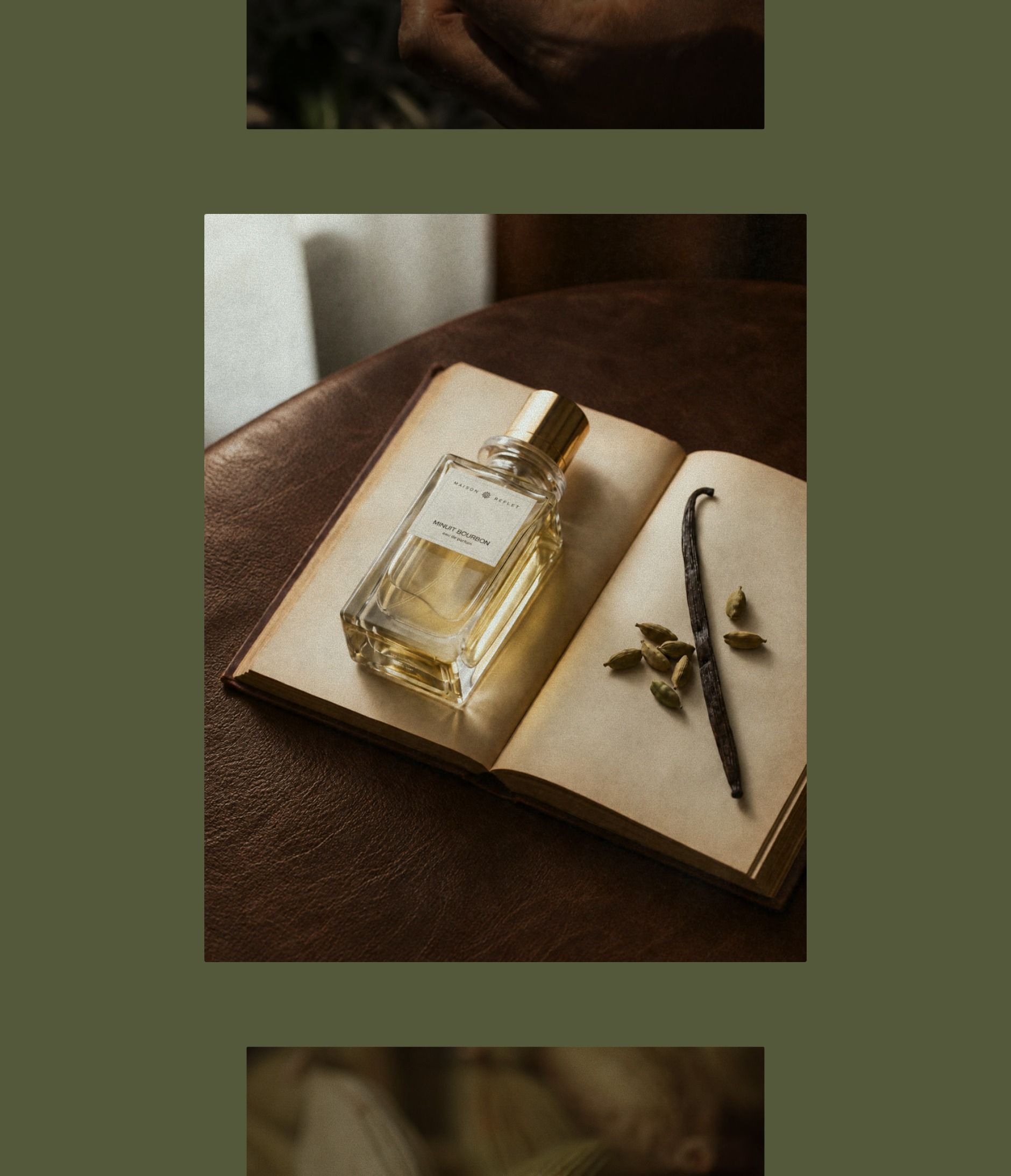 Minuit Bourbon: the bottle on an old book with vanilla, cardamom, orange blossom