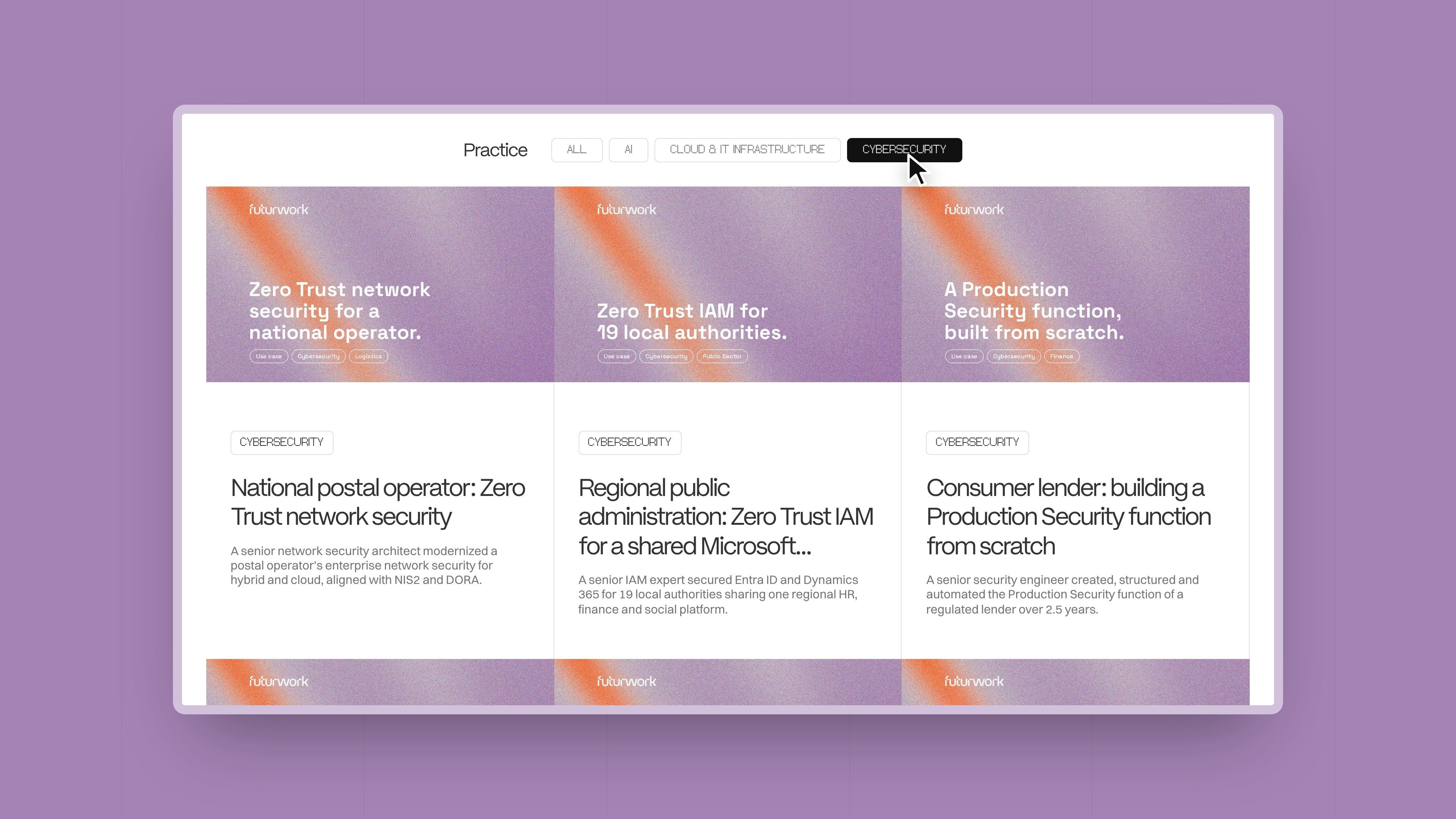 Futurwork case study filter: the cursor selects Cybersecurity, then AI, then All
