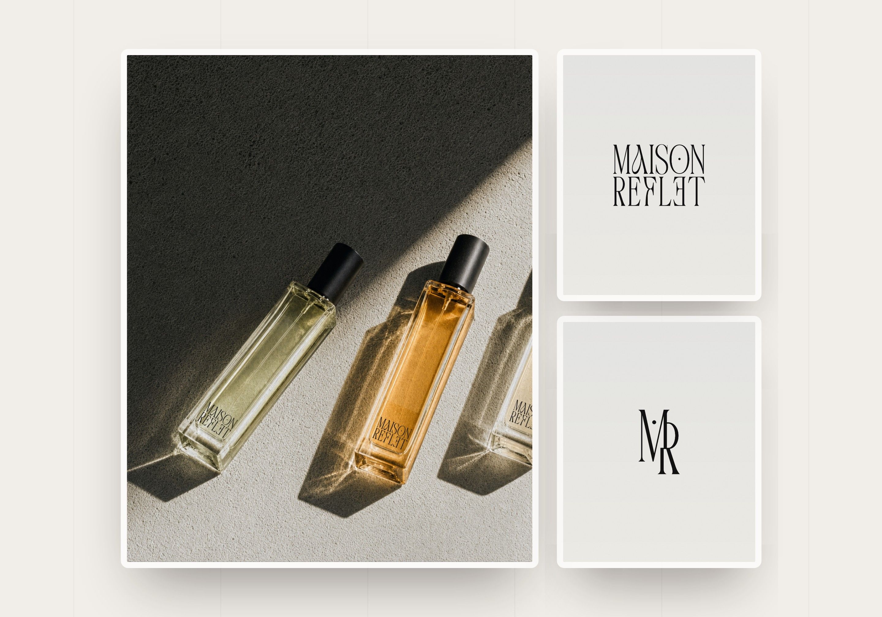 Direction 2, The monogram: bottles in the light, serif logotype and M R monogram