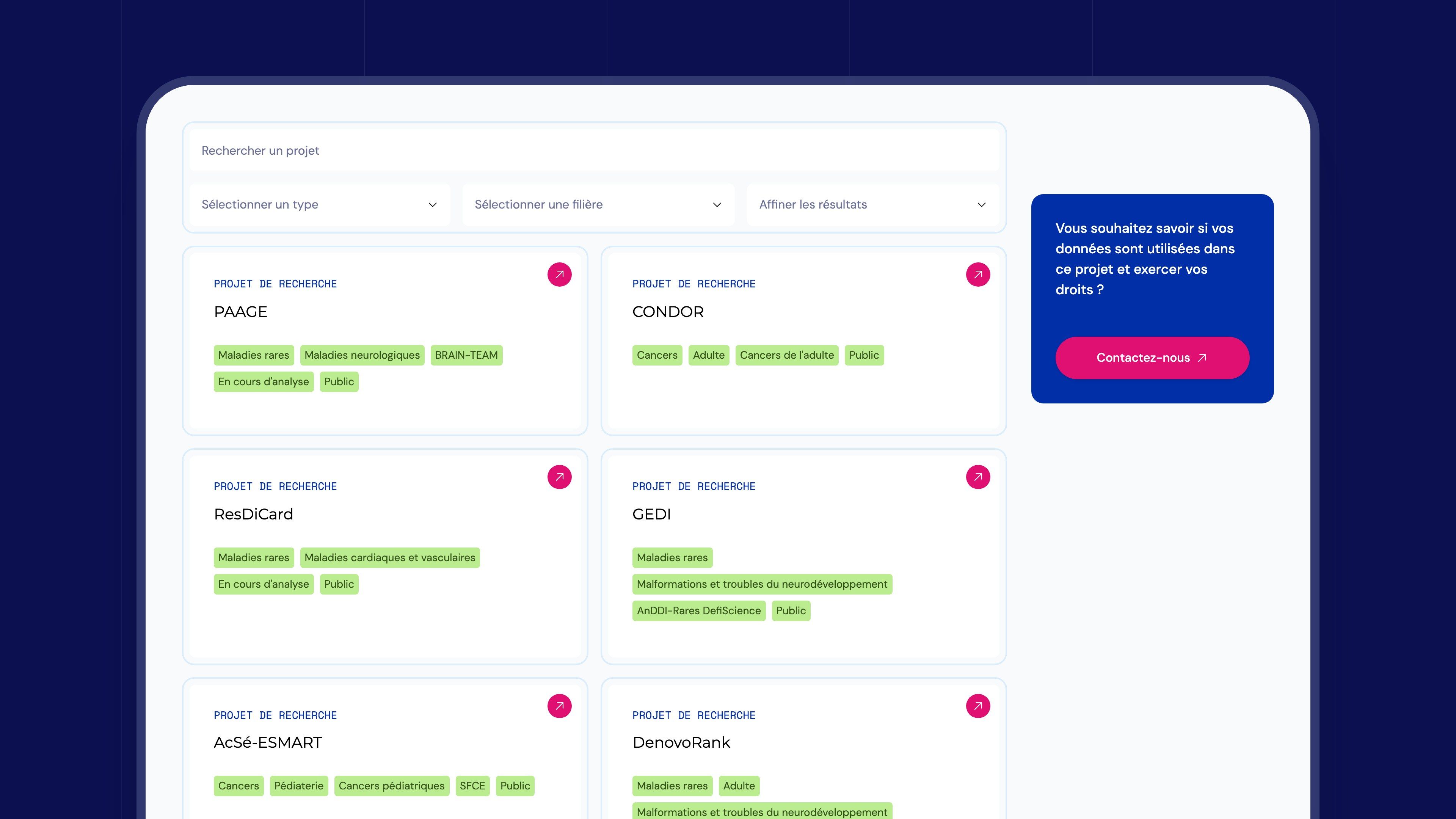 Project registry: search, filters and research project cards