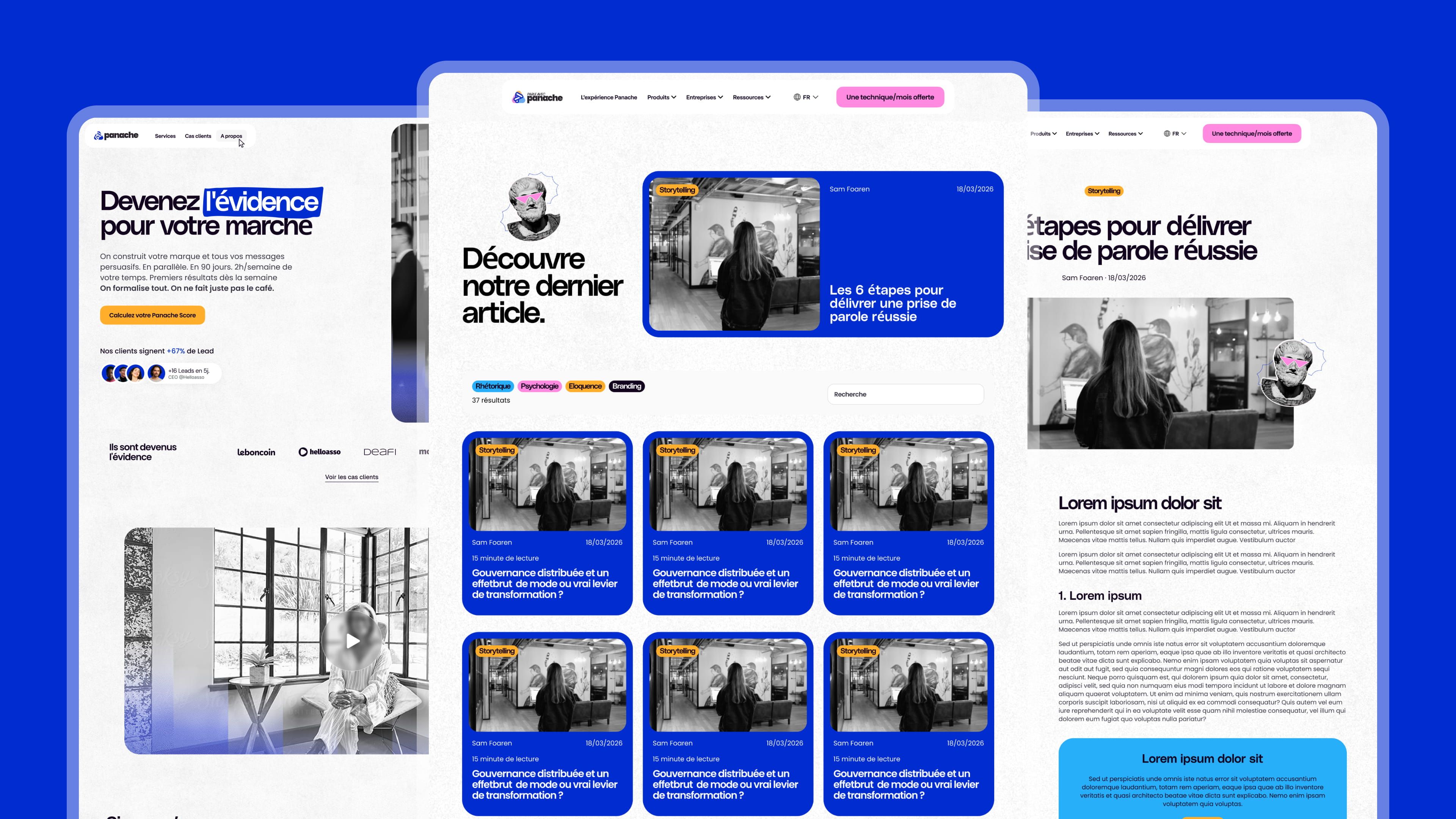 Maquettes du site Panache : page d’accueil, liste d’articles de blog en cartes bleues et page article
