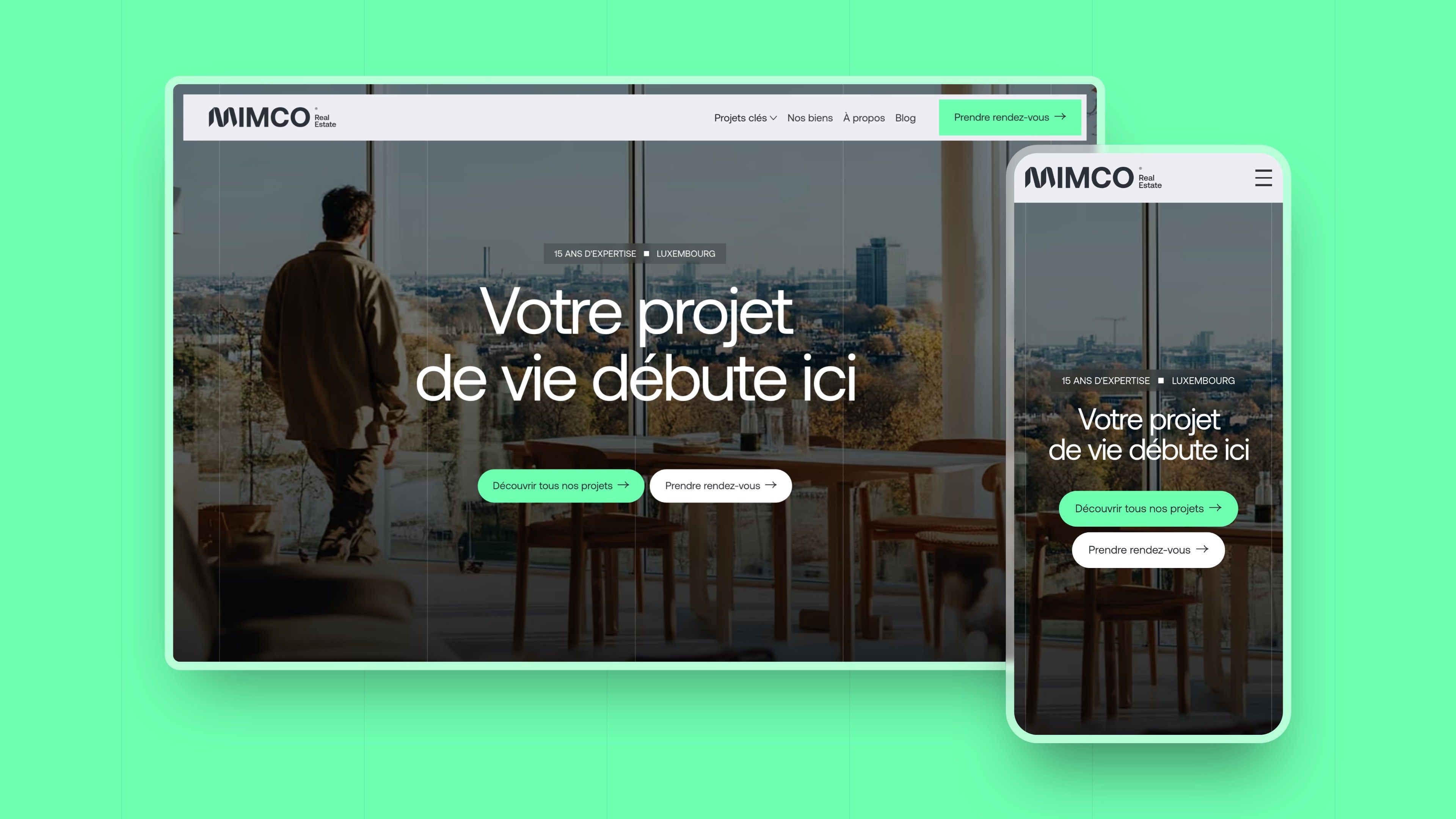 Mimco home page on desktop and mobile, side by side on a mint green background