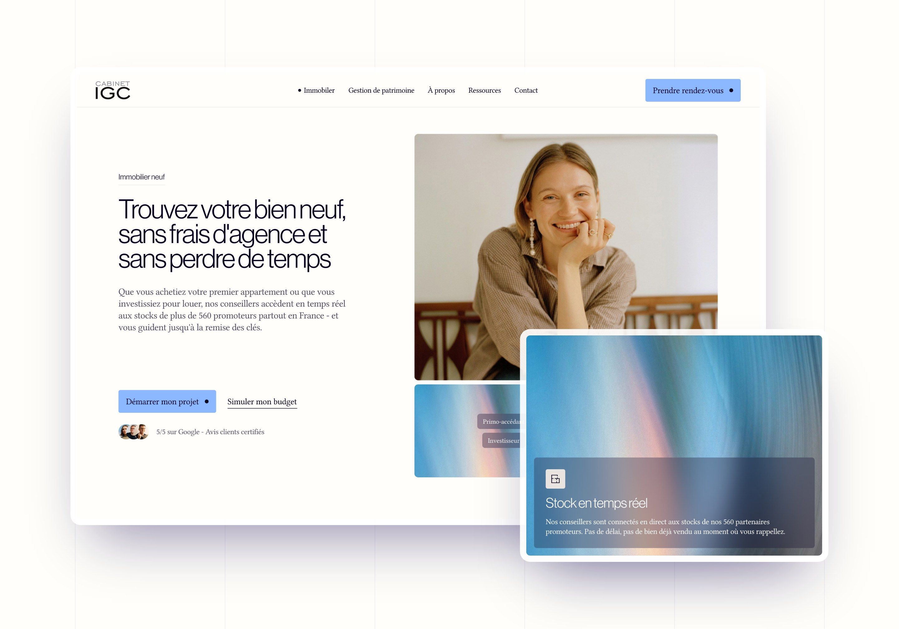 Direction 1.1, Sky blue: new-build property home page on an ivory background and the “Real-time stock” gradient card