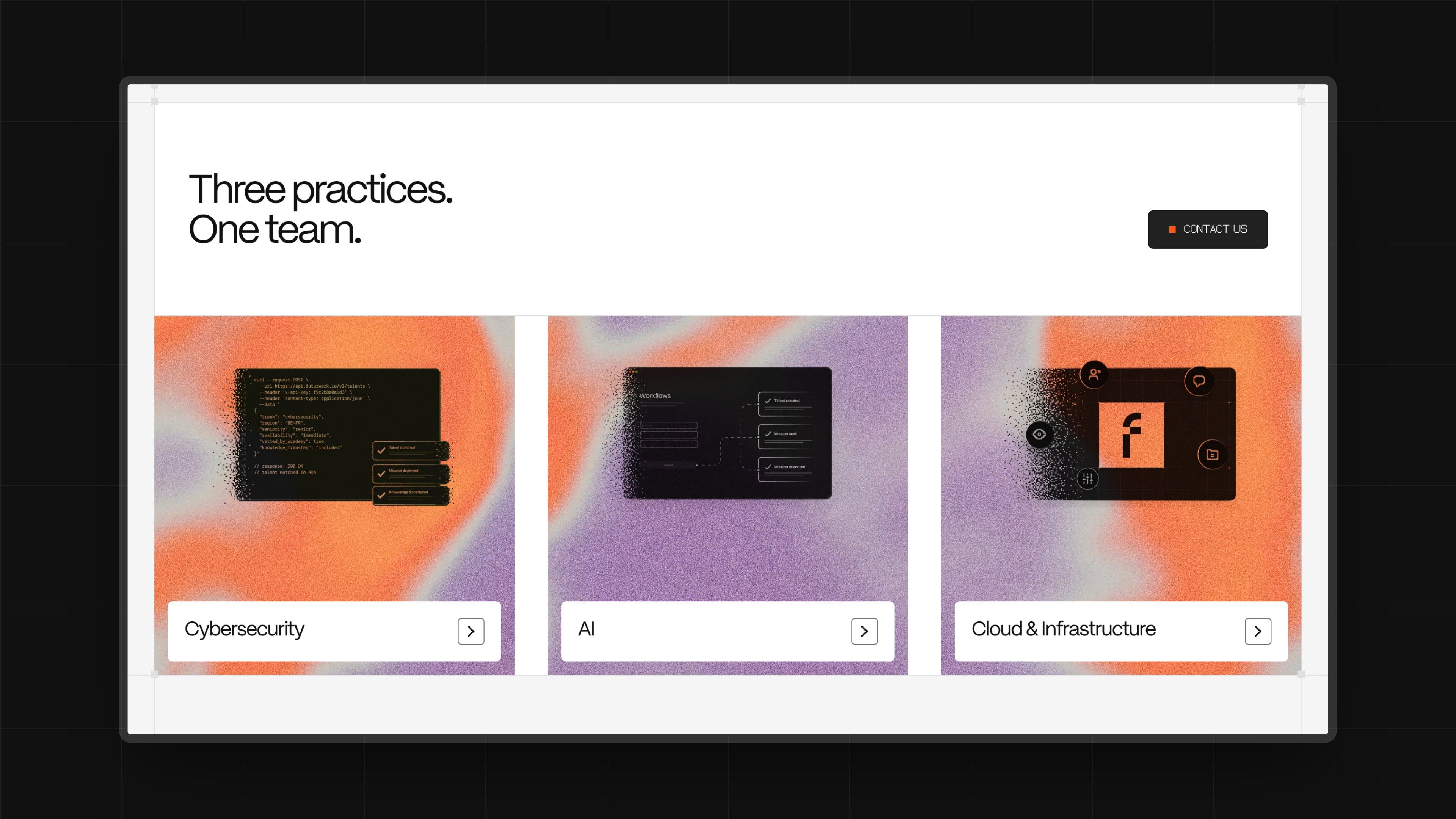 “Three practices. One team.” section: the Cybersecurity, AI and Cloud & Infrastructure cards
