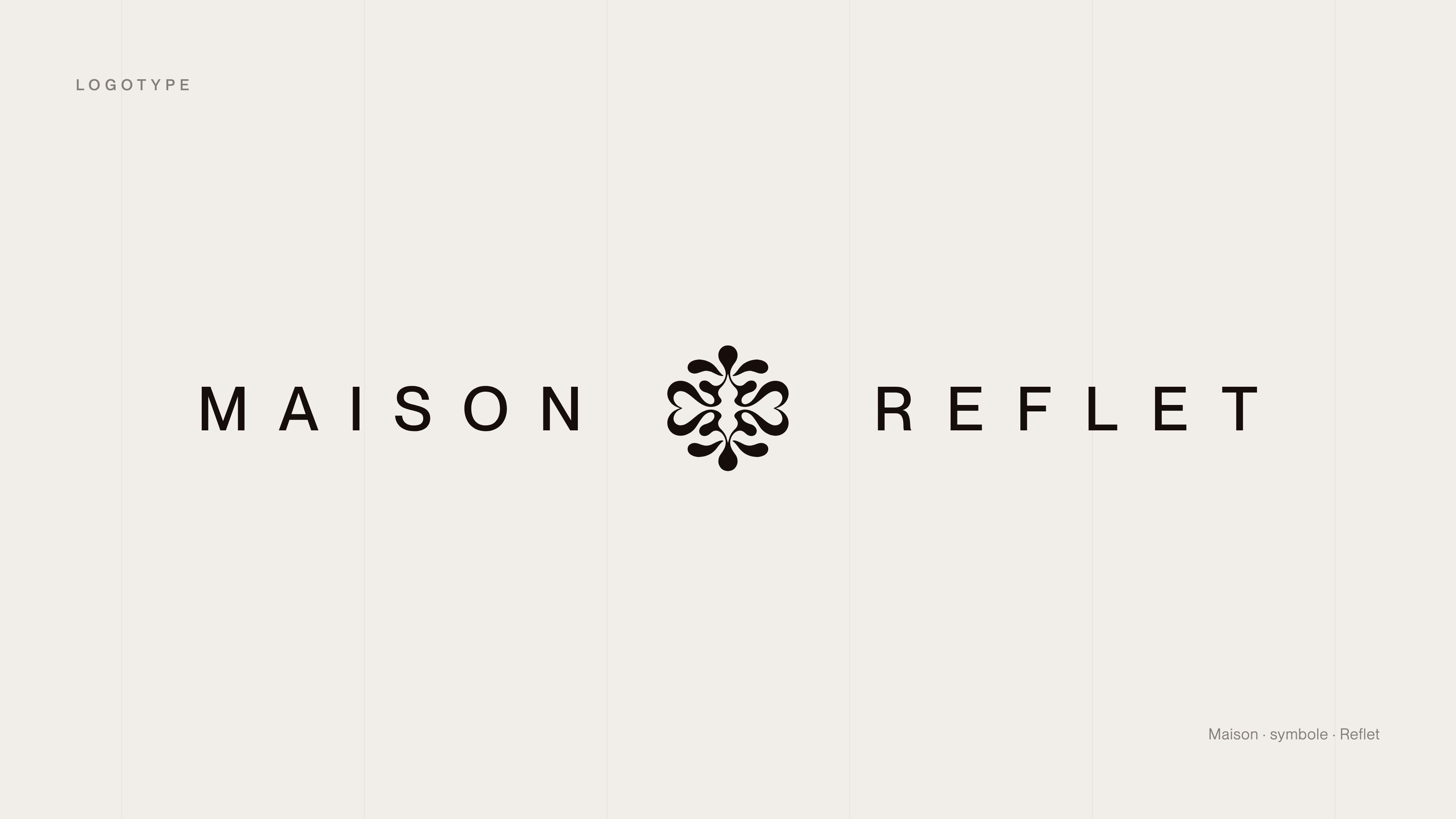 Maison Reflet logotype: MAISON, the symbol, REFLET, in ink on a cream background