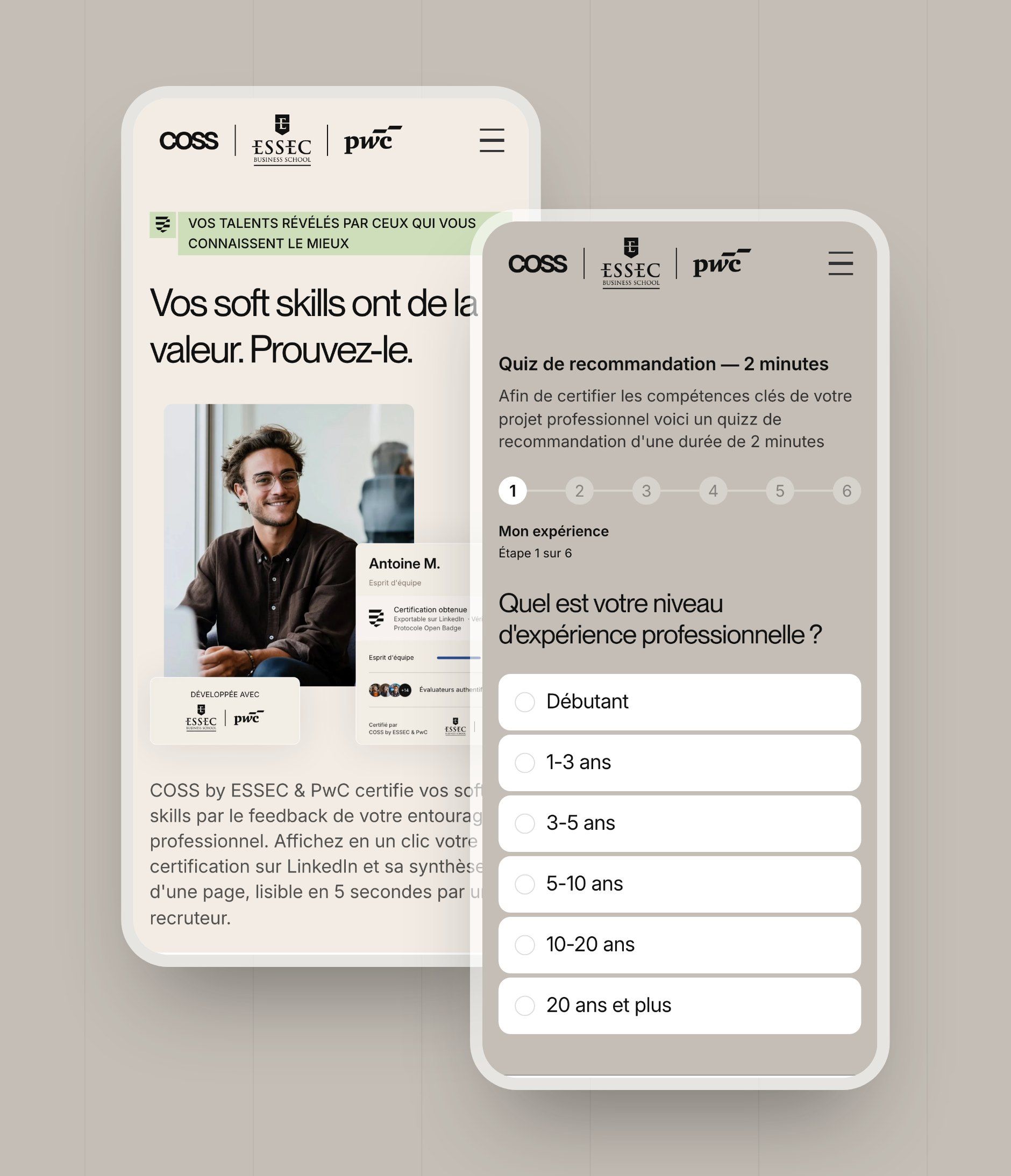 COSS home page and recommendation quiz on mobile, with the six-step horizontal stepper