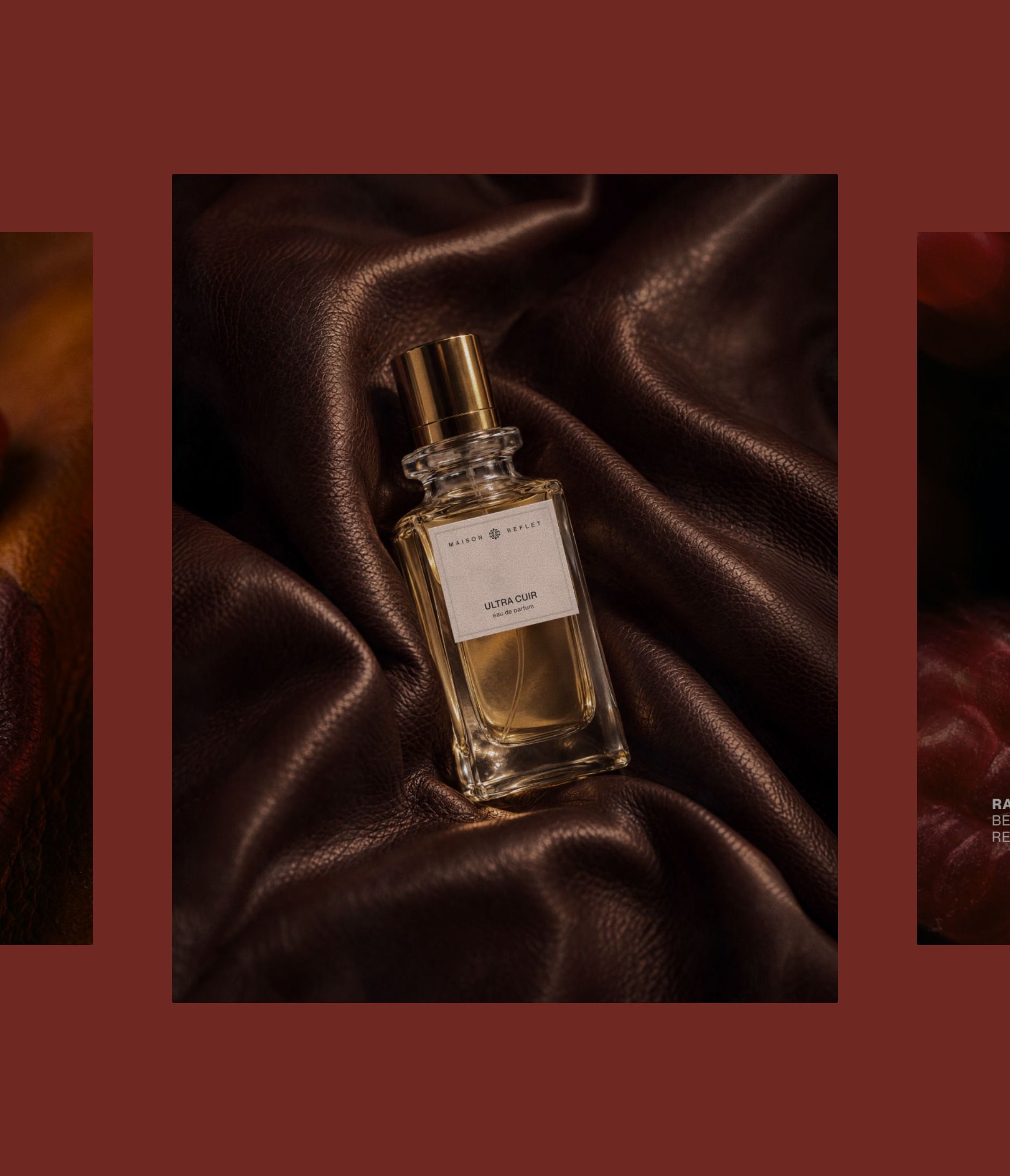 Ultra Cuir: the bottle on brown silk, raspberries, saffron