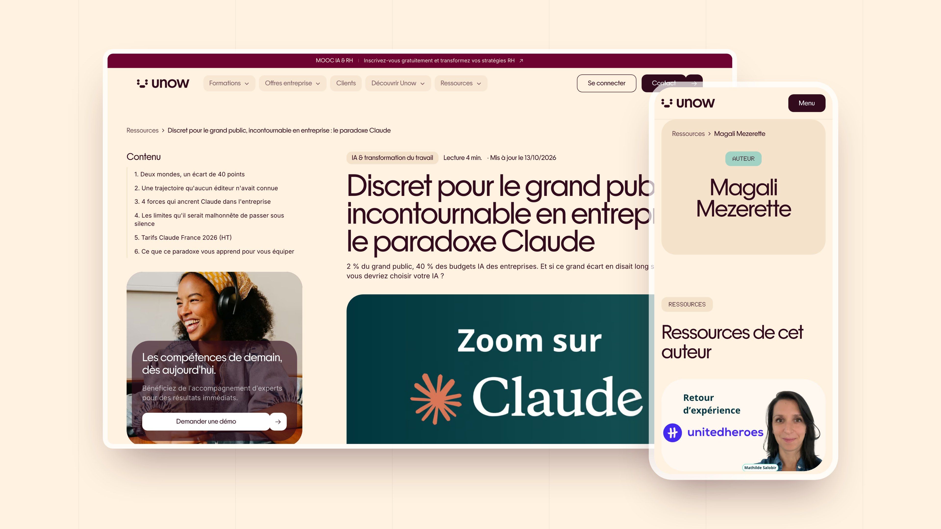 Article “Low-key for the general public, essential in business: the Claude paradox” on desktop and an author page on mobile