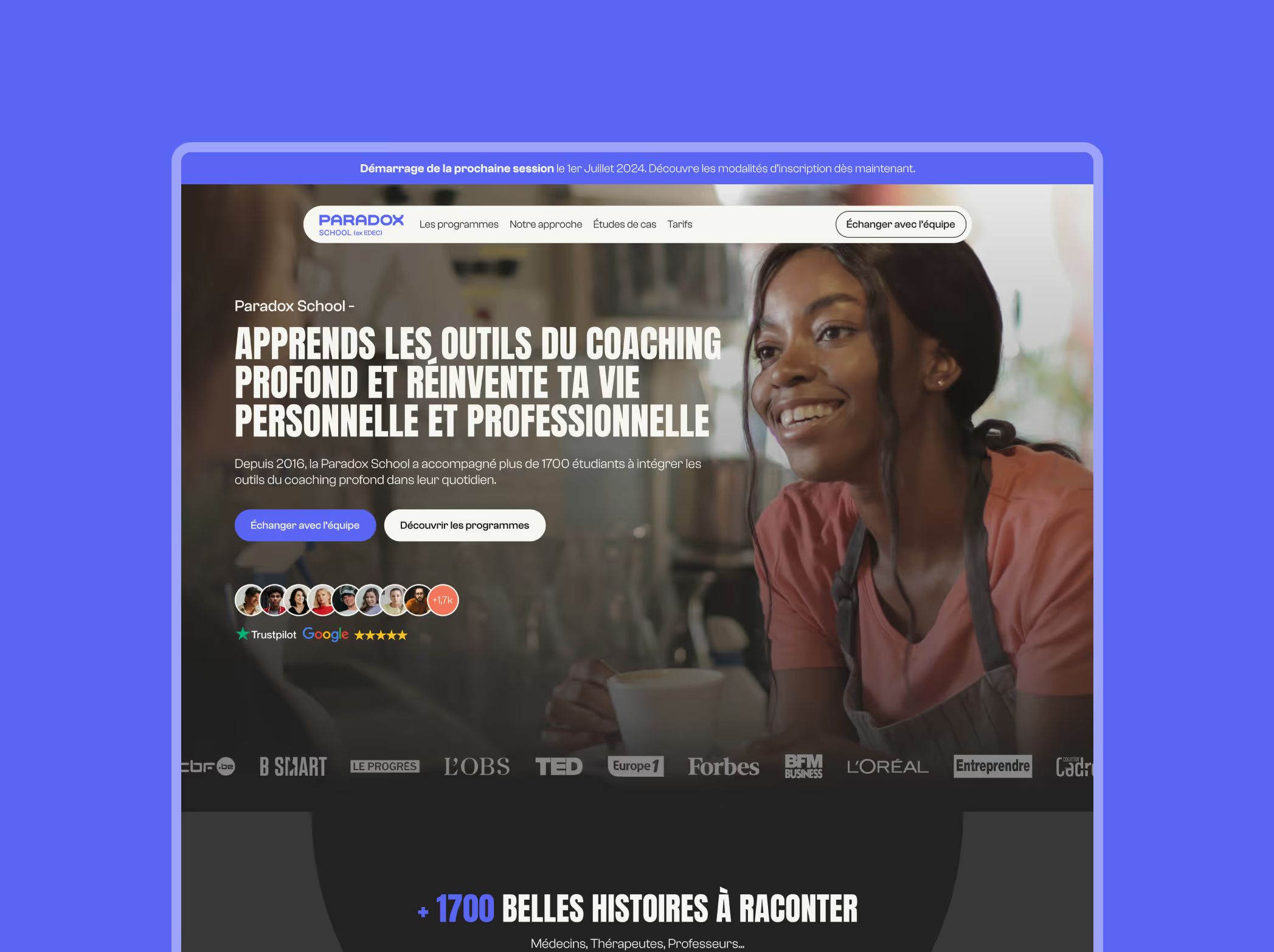 Paradox School homepage mockup: smiling woman, headline "Learn the tools of deep coaching" and press logos