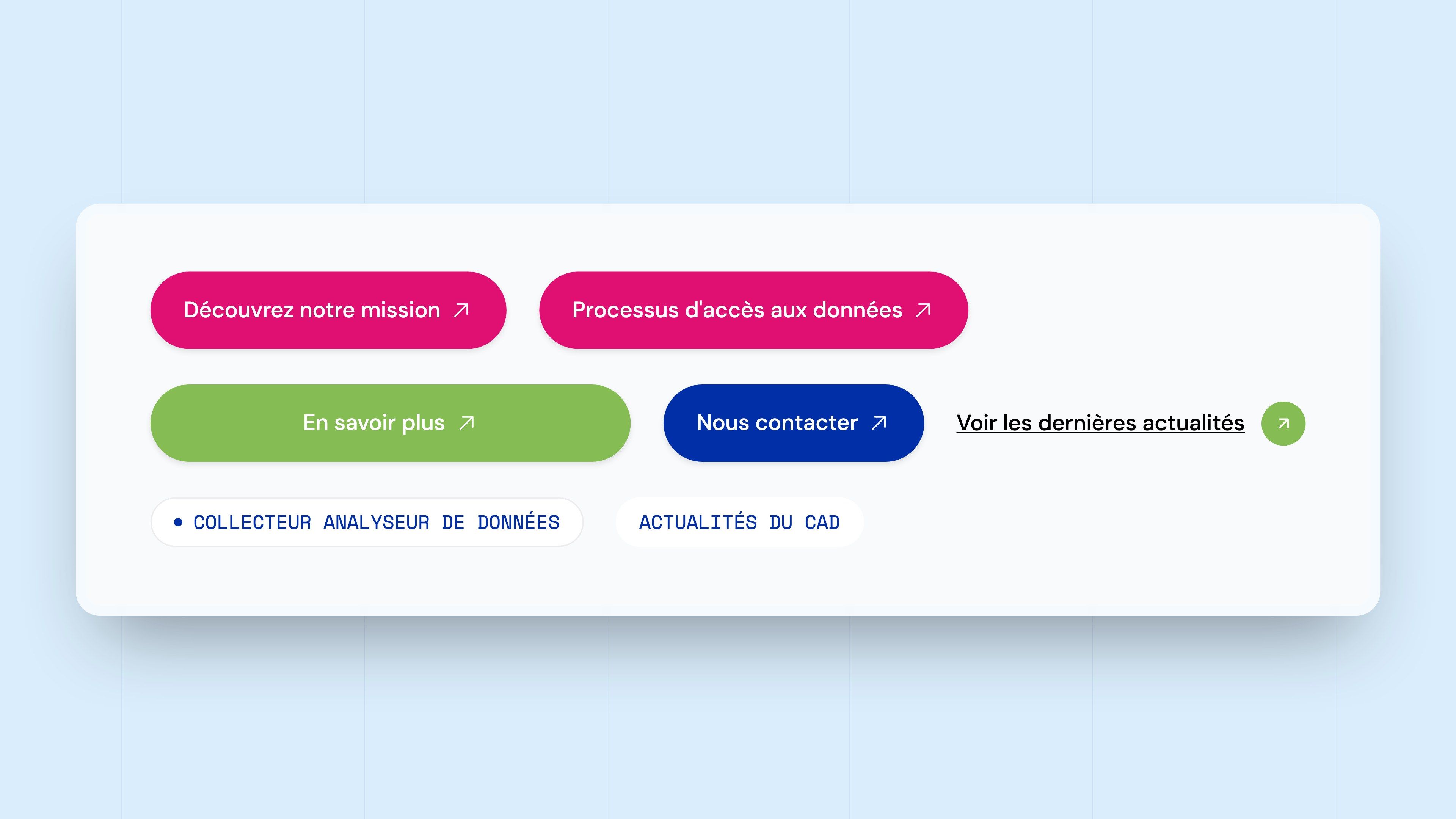 CAD website buttons and labels: pink, green and blue, labels in Space Mono
