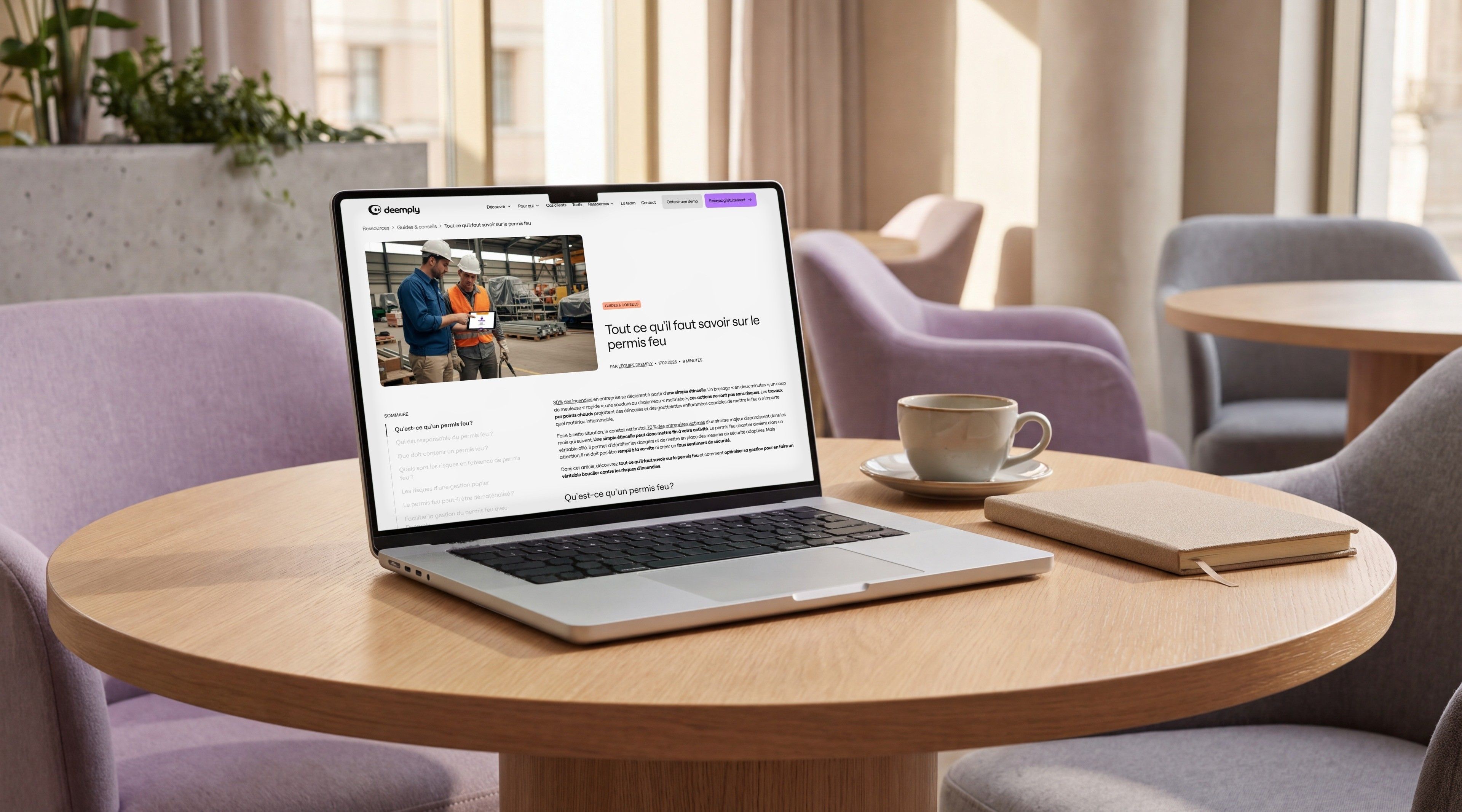 MacBook Pro open on the Deemply article “Everything you need to know about the hot work permit”