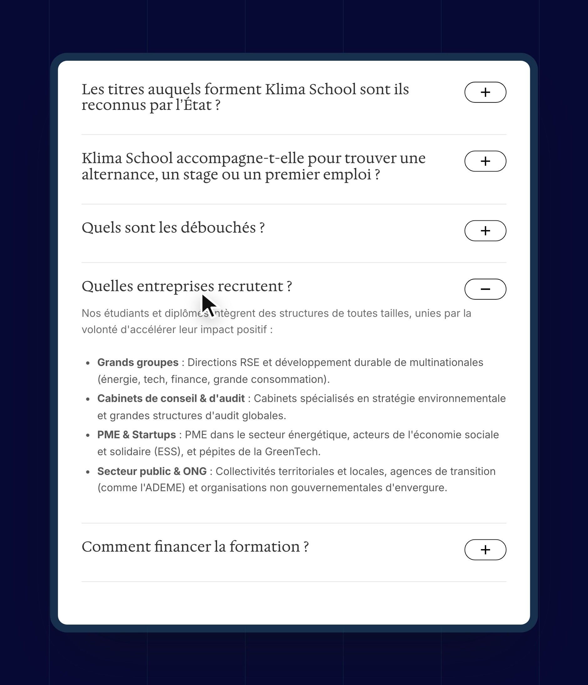 Klima School FAQ accordion