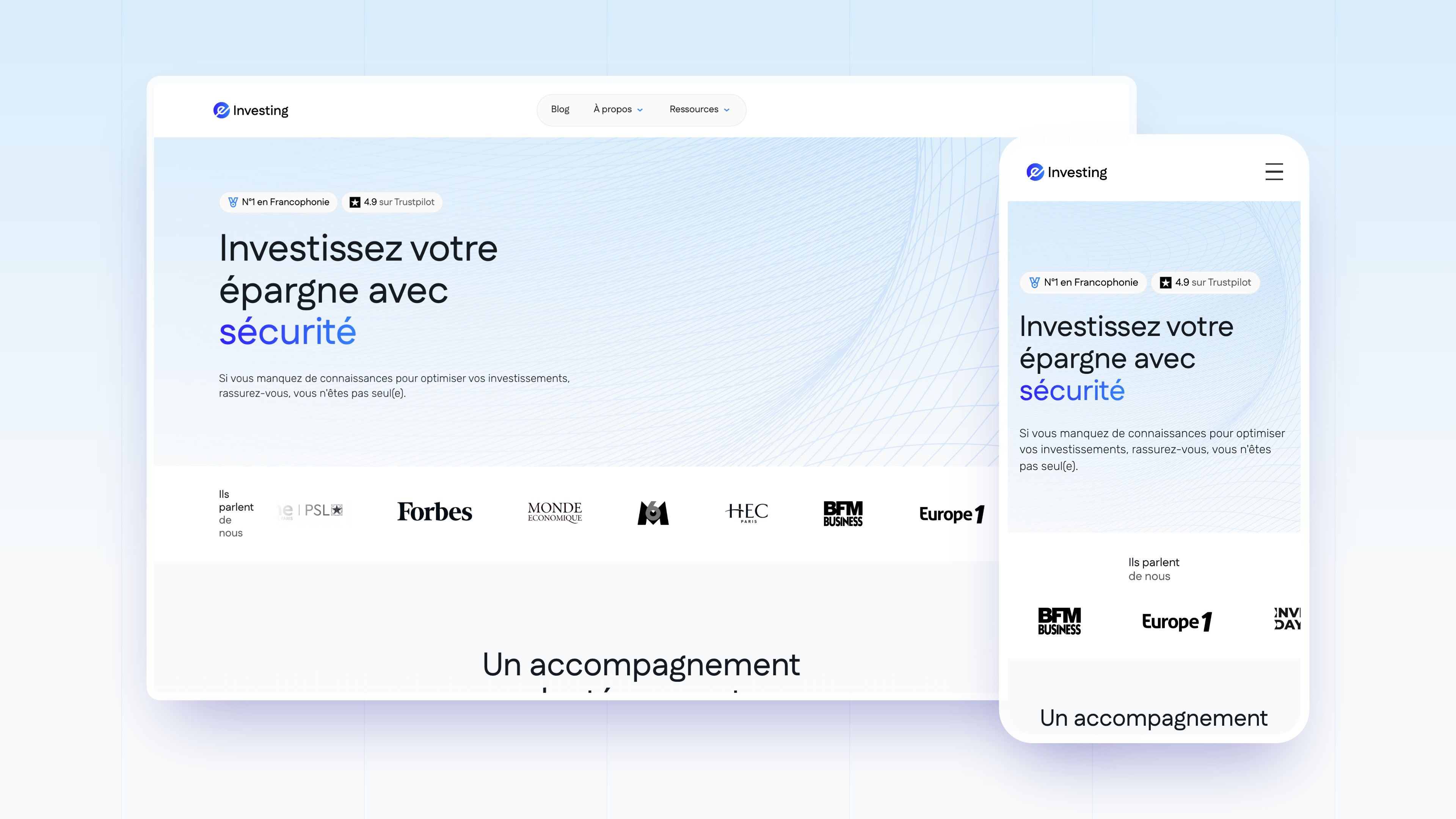e-Investing home page on desktop and mobile: “Invest your savings safely”