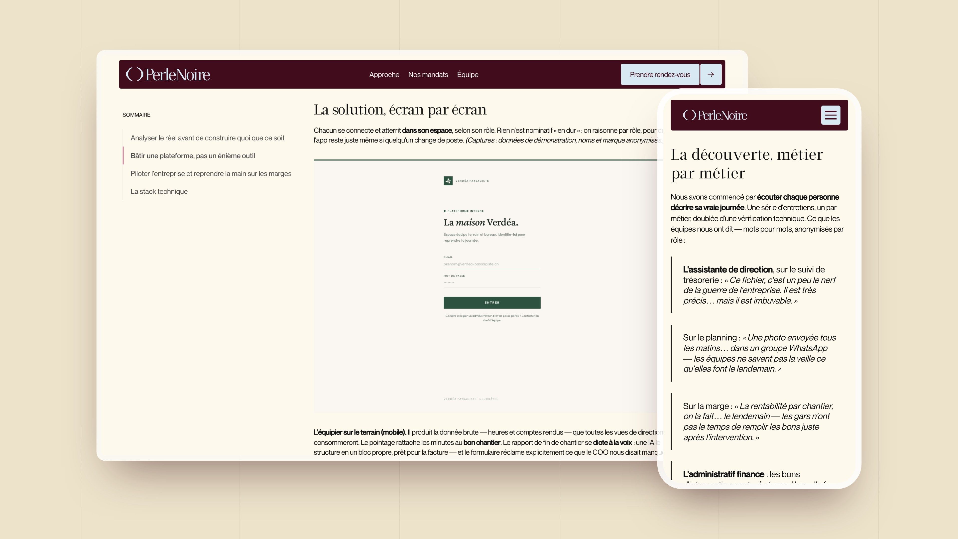 Perle Noire case study: “The solution, screen by screen” and its table of contents on desktop, the team quotes on mobile