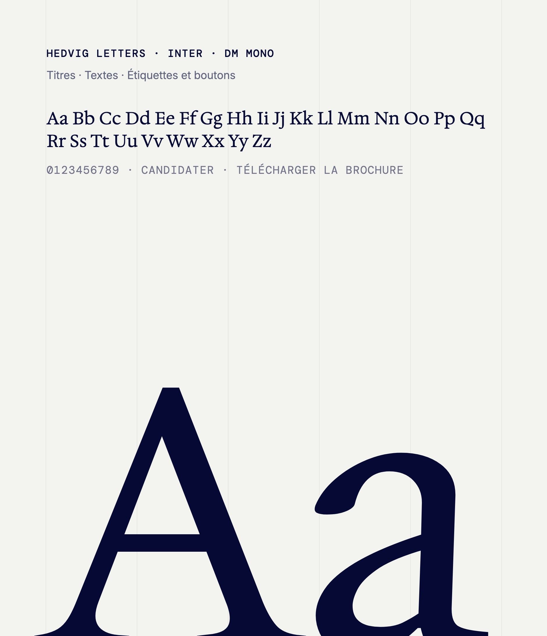 Hedvig Letters, Inter and DM Mono, Klima School's typefaces: a large midnight blue “Aa”