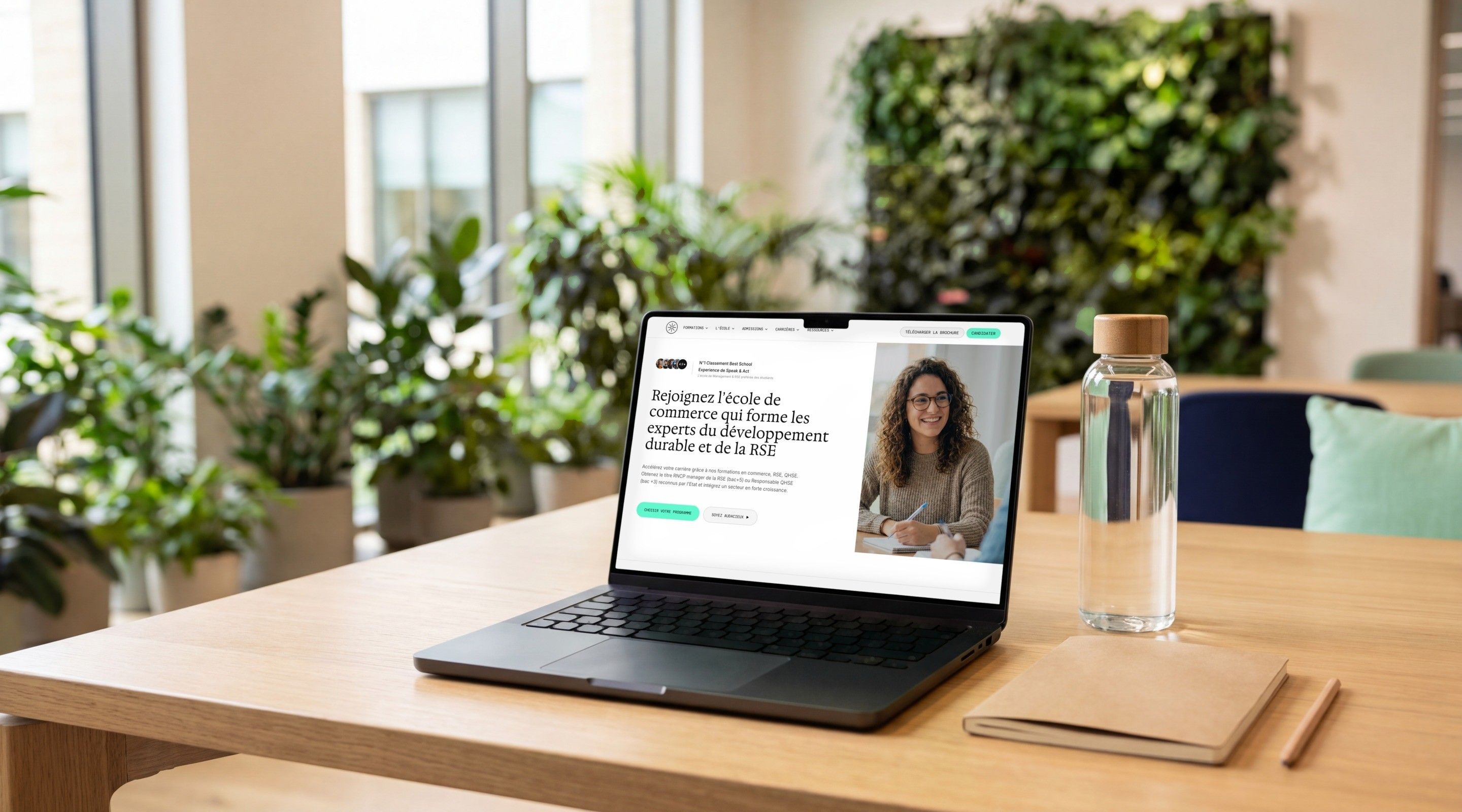 MacBook Pro open on the Klima School home page, “Join the business school that trains experts in sustainability and CSR”, in a library full of plants