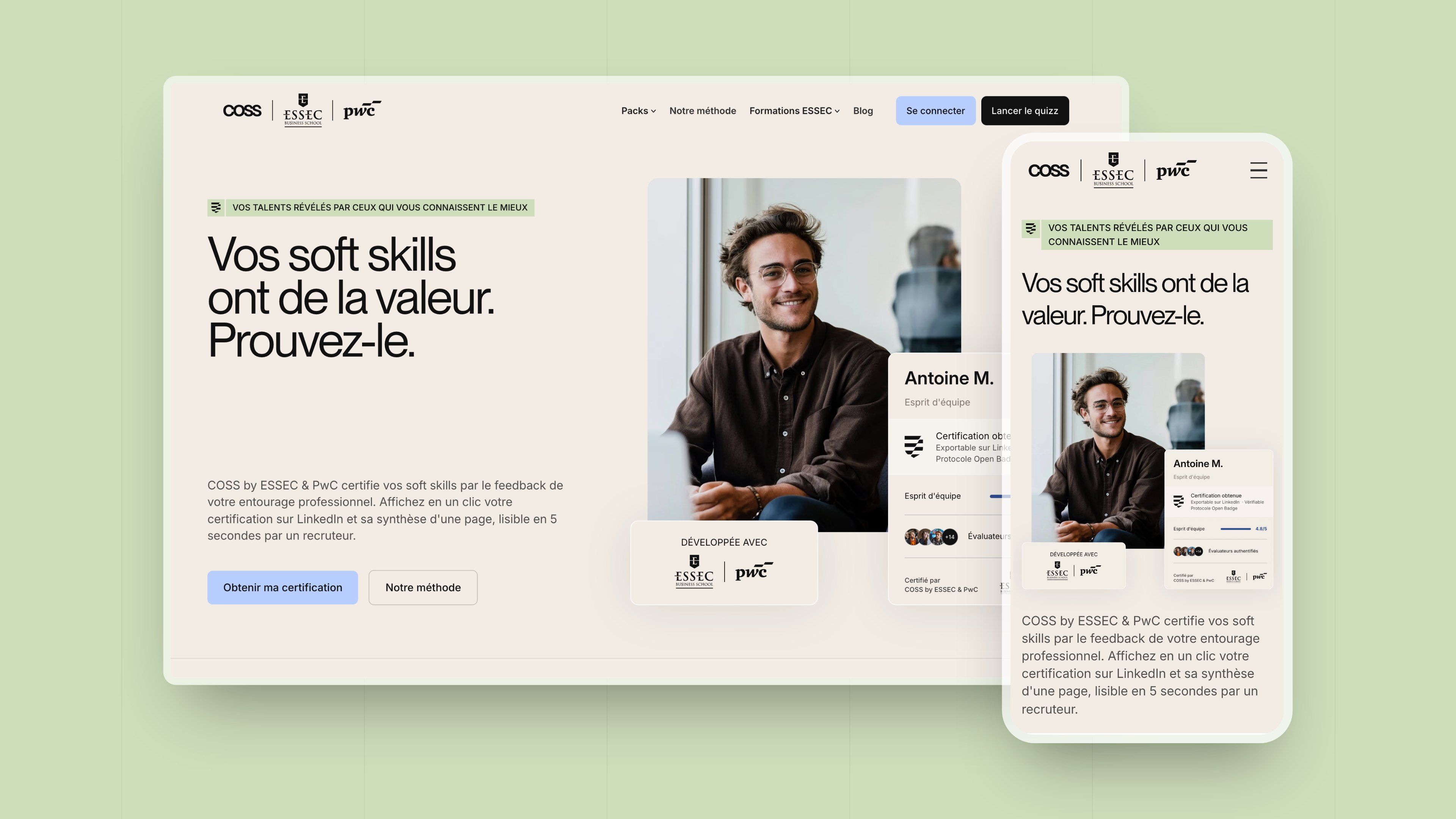 COSS home page on desktop and mobile, side by side on a cream background