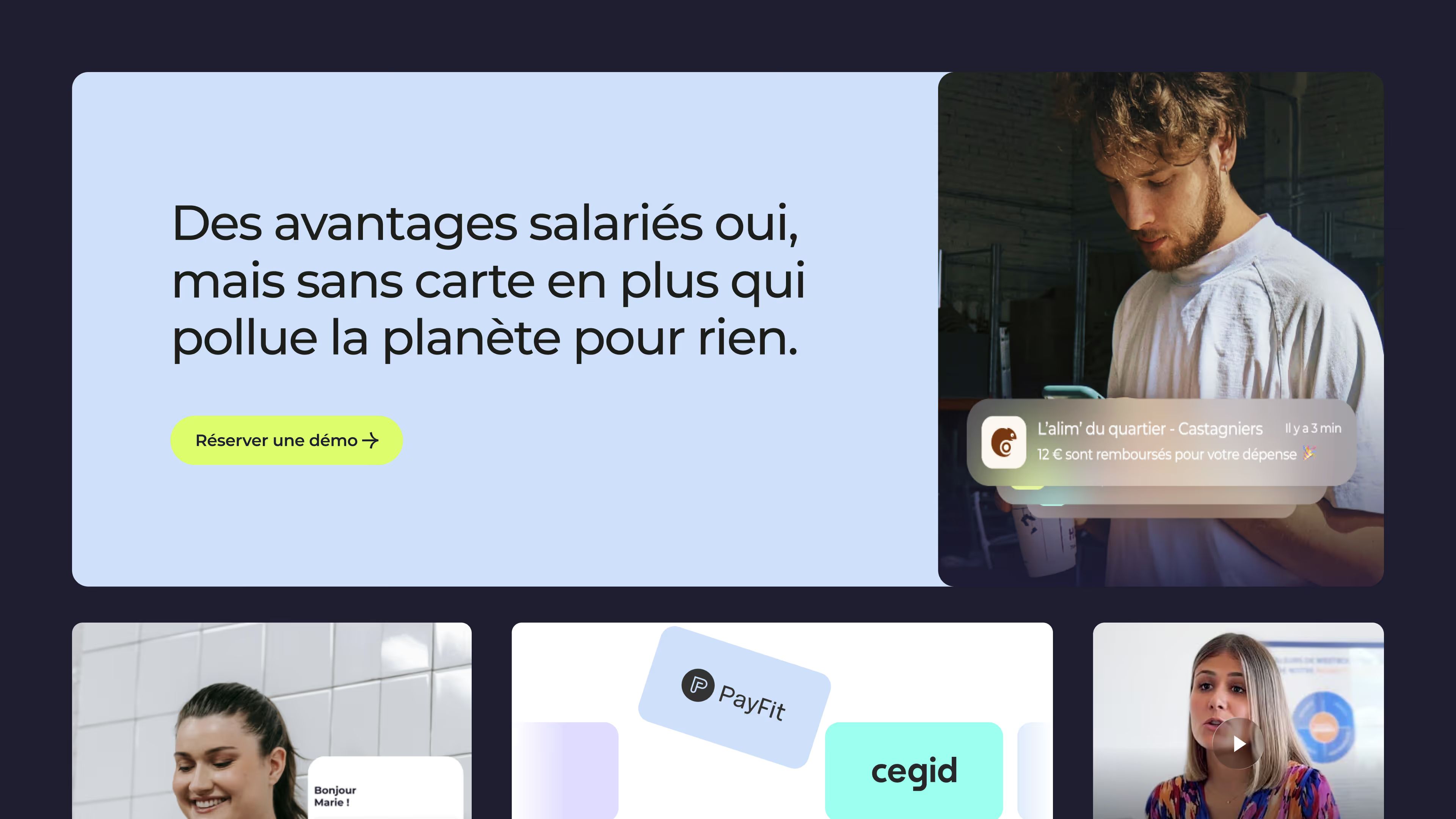 Maquette web Openeat : bannière « Des avantages salariés oui… », notification de remboursement, logos PayFit et Cegid