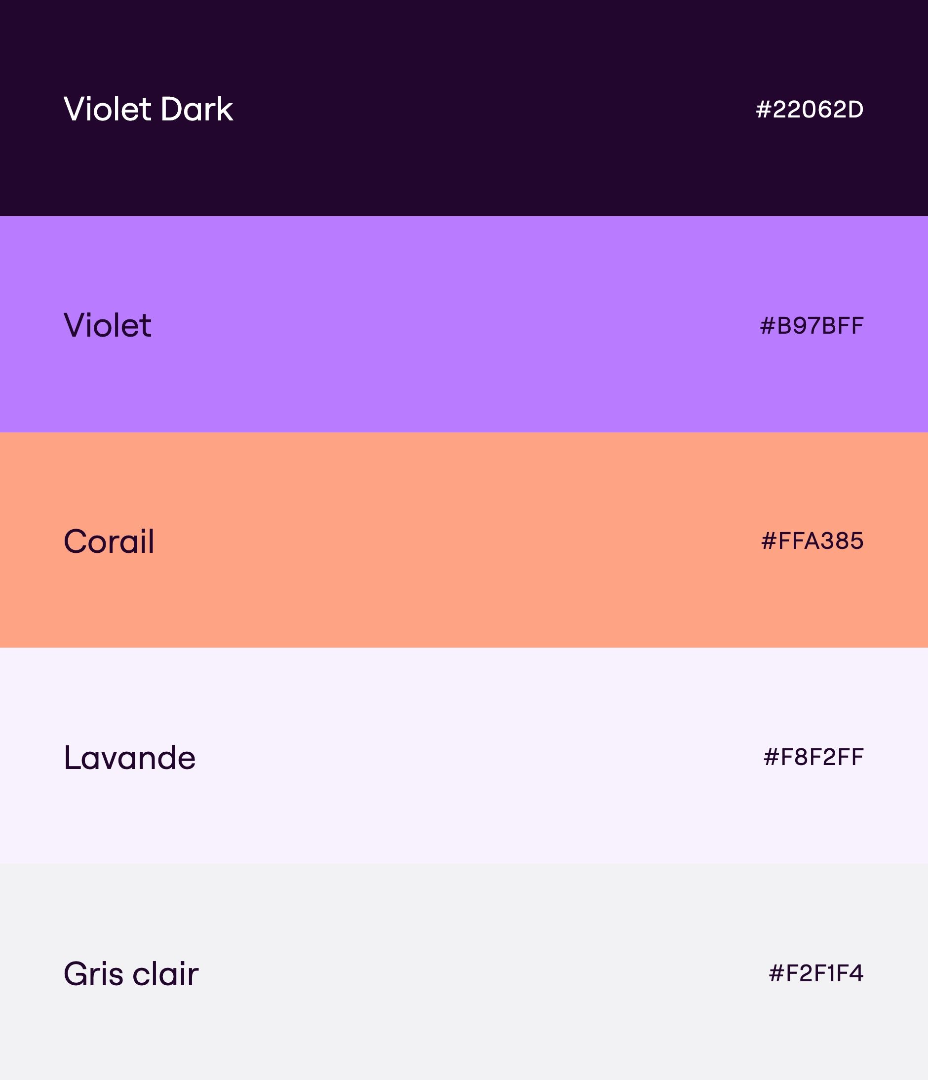 Deemply palette: dark purple, purple, coral, lavender and light grey