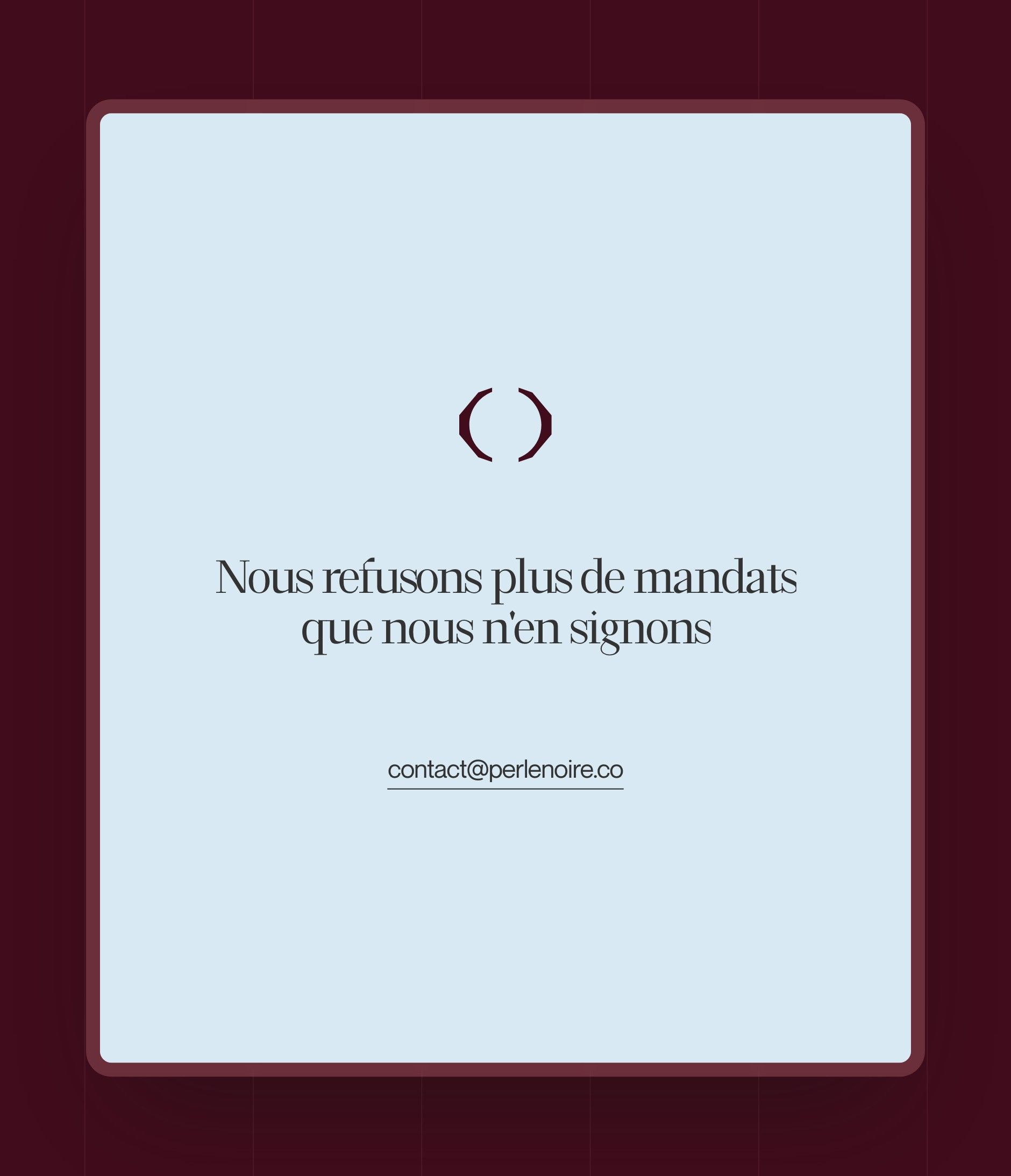 Call-out block “We turn down more engagements than we sign” with the pictogram and contact address