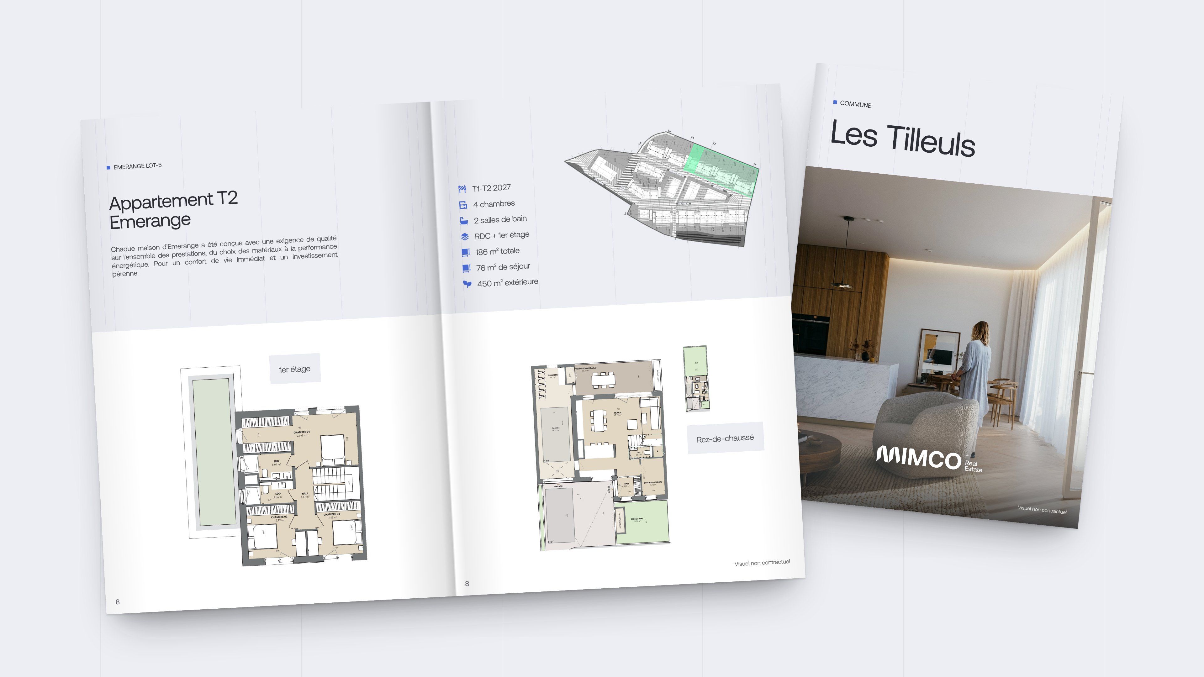 “Emerange two-room flat” spread from the brochure, laid flat with the “Les Tilleuls” cover