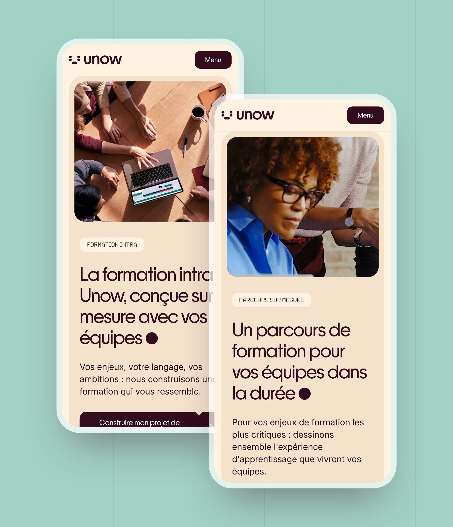 In-house training and Tailored programme pages on mobile