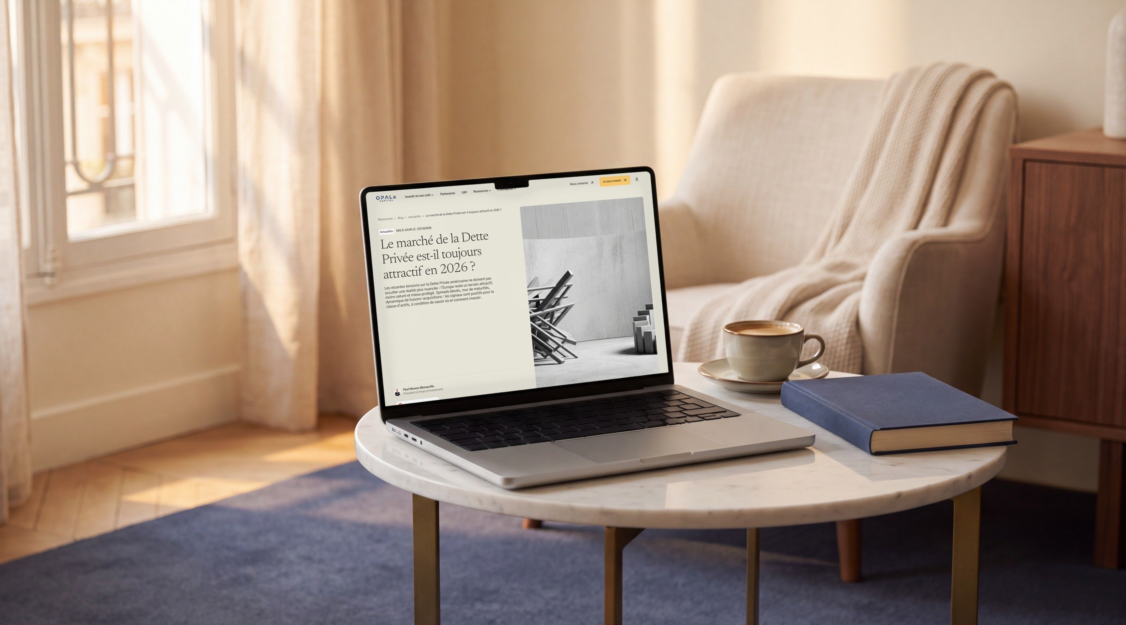 MacBook Pro open on the Opale Capital article “Is the Private Debt market still attractive in 2026?”
