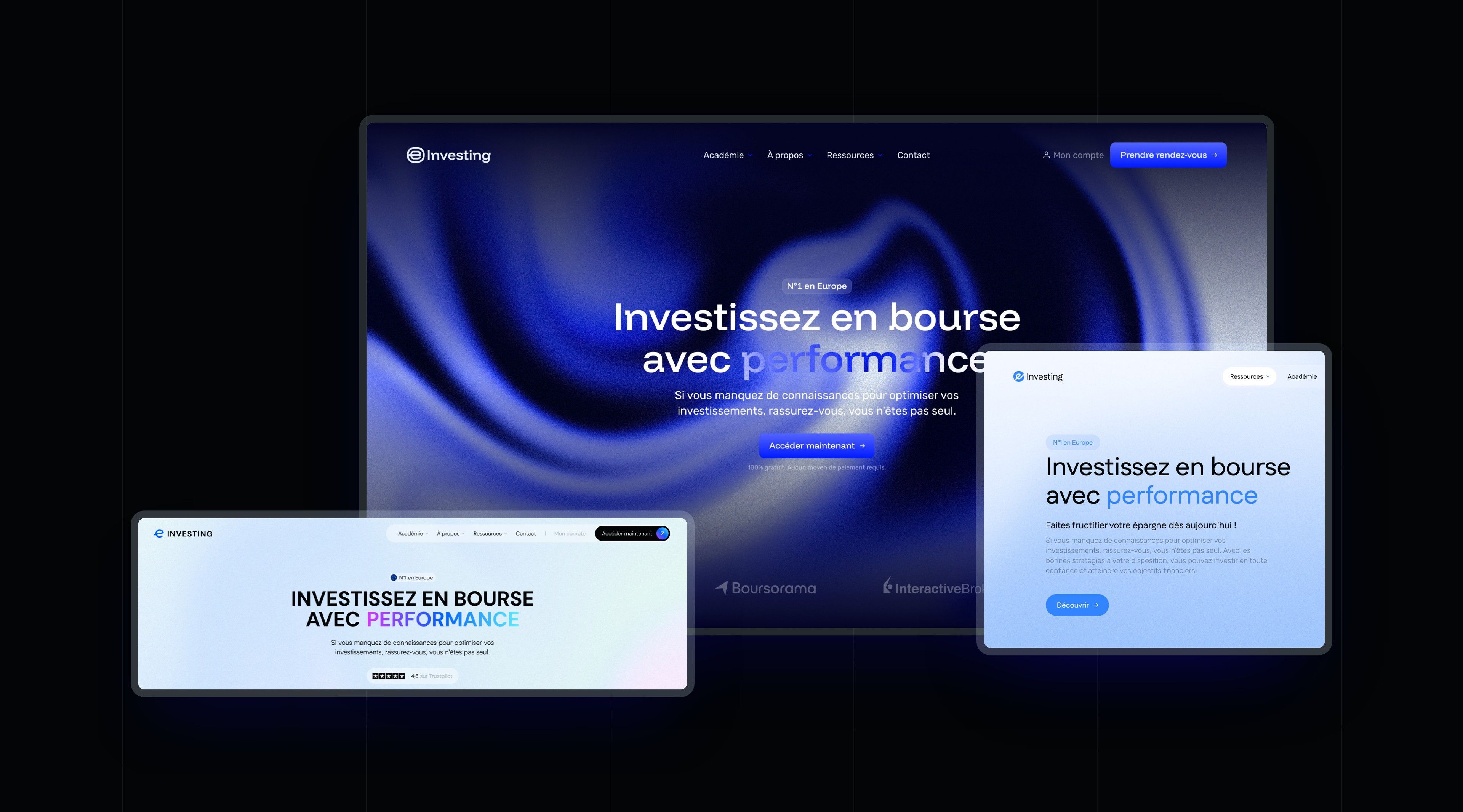 Three home page directions explored for e-Investing, laid out on an ink background
