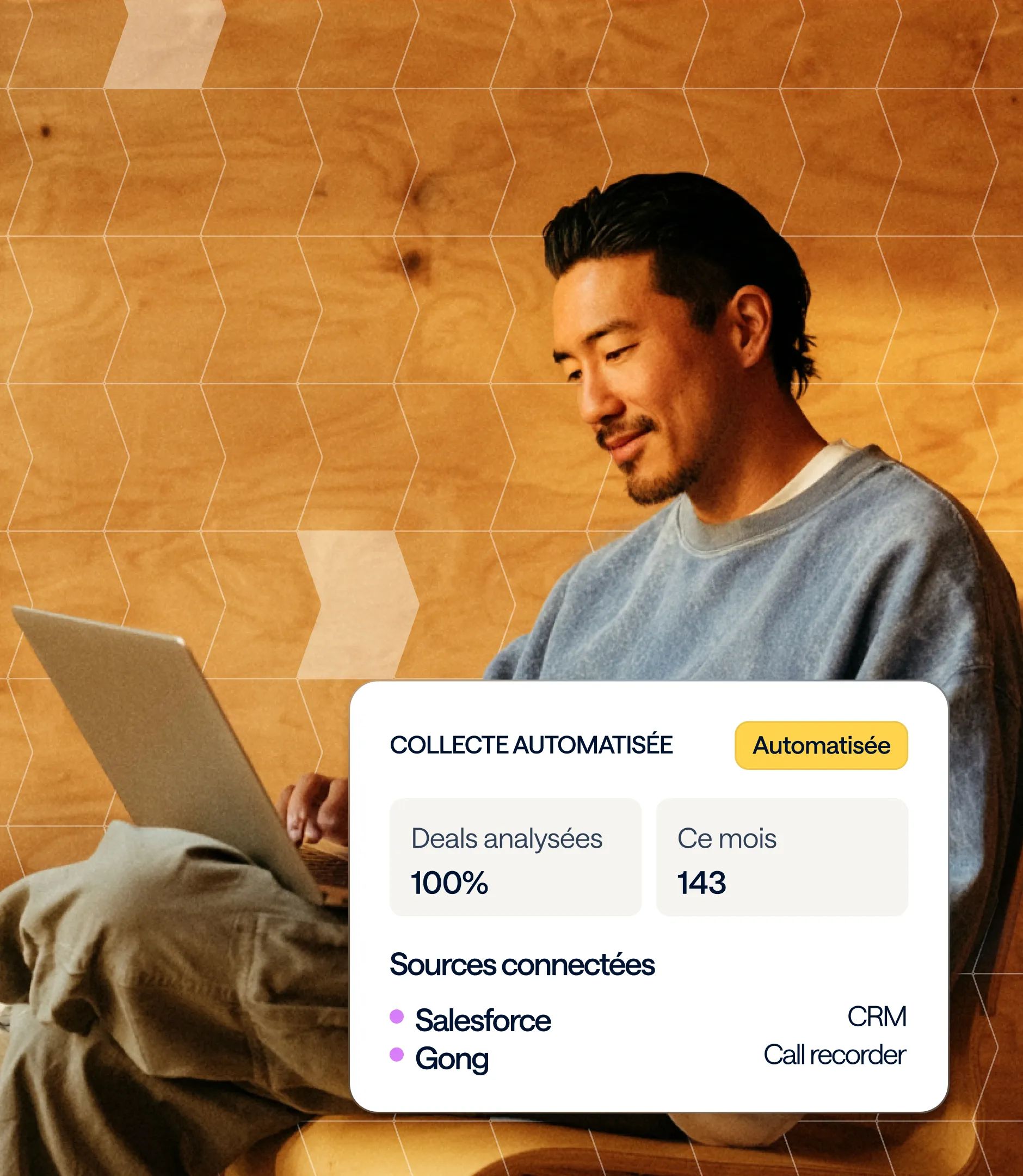 Diffly visual: man using a laptop with an "Automated collection" UI card listing Salesforce and Gong