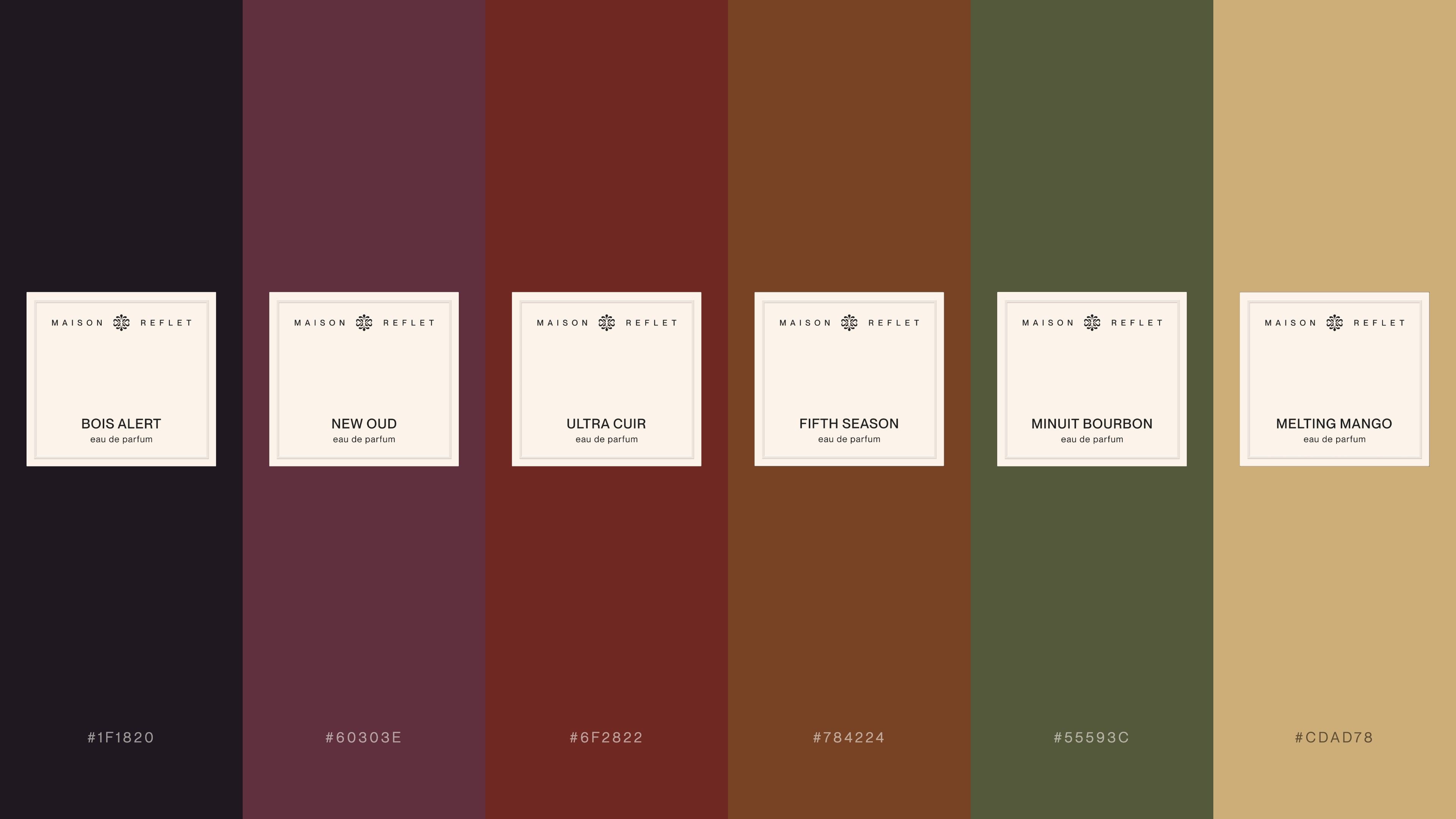 The six Reflets, one colour per perfume, with each bottle's label
