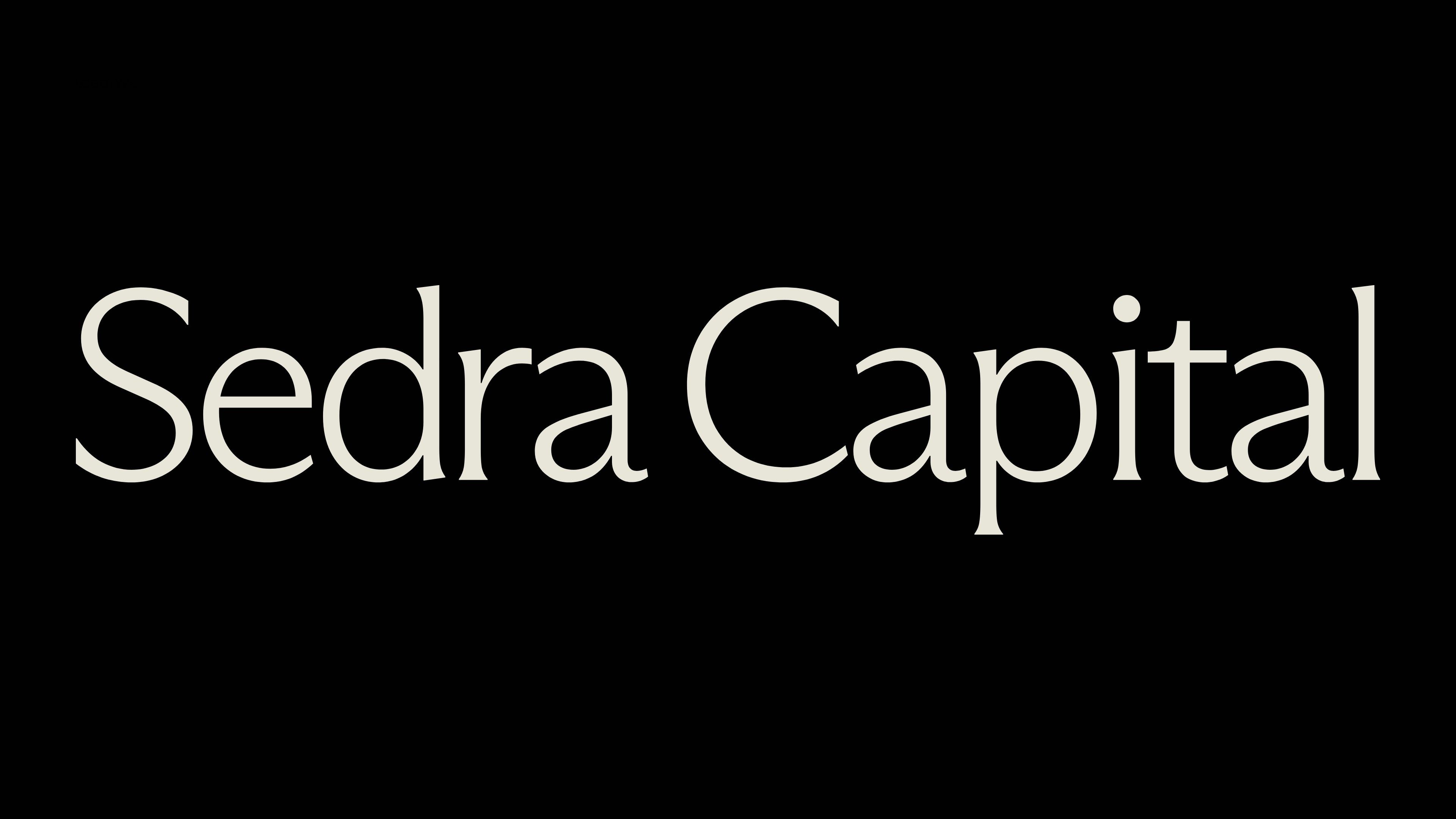 The Sedra Capital logotype in ivory on a black background, very large