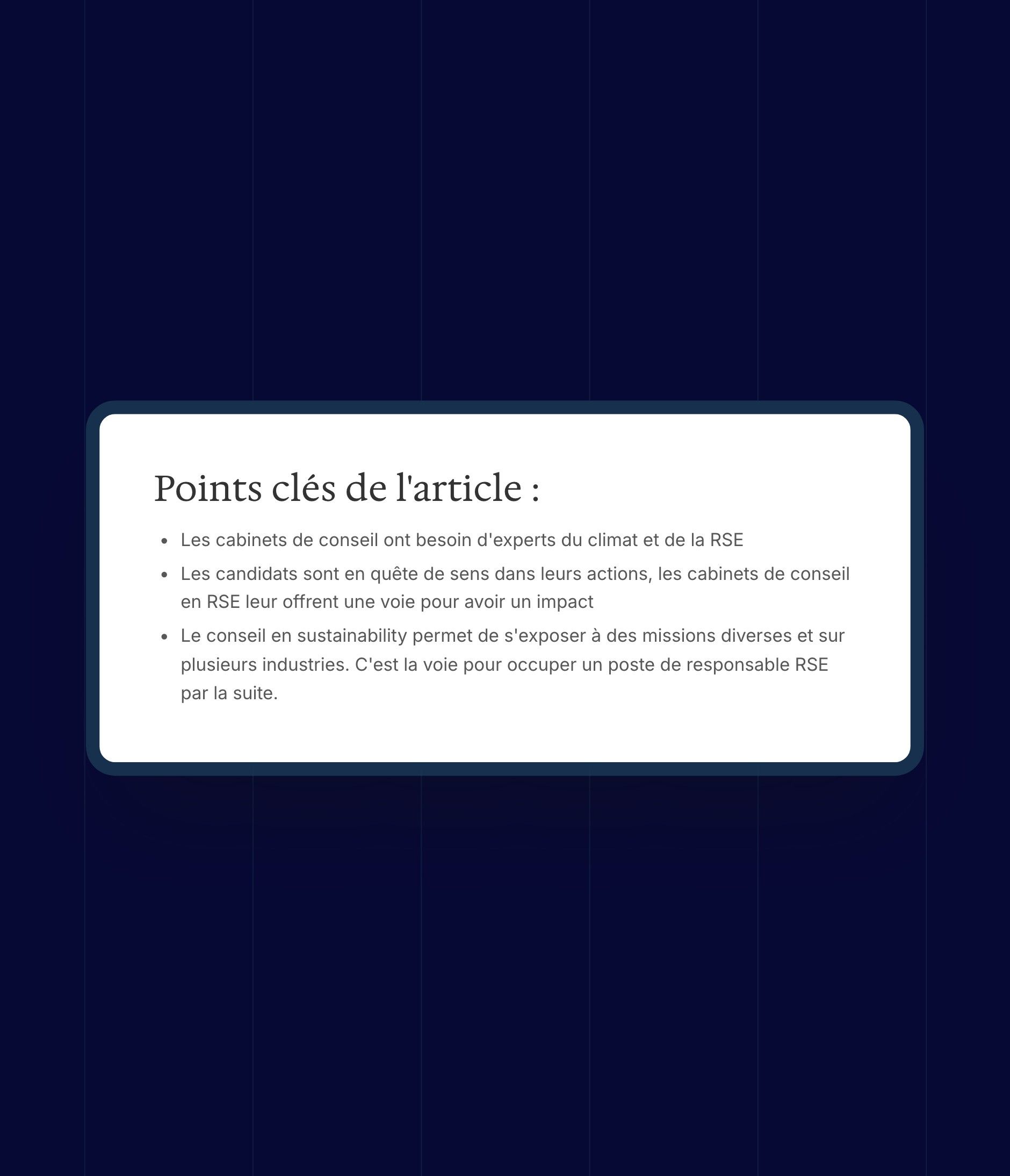 “Key points of the article” block at the top of the article on the climate and CSR consultant