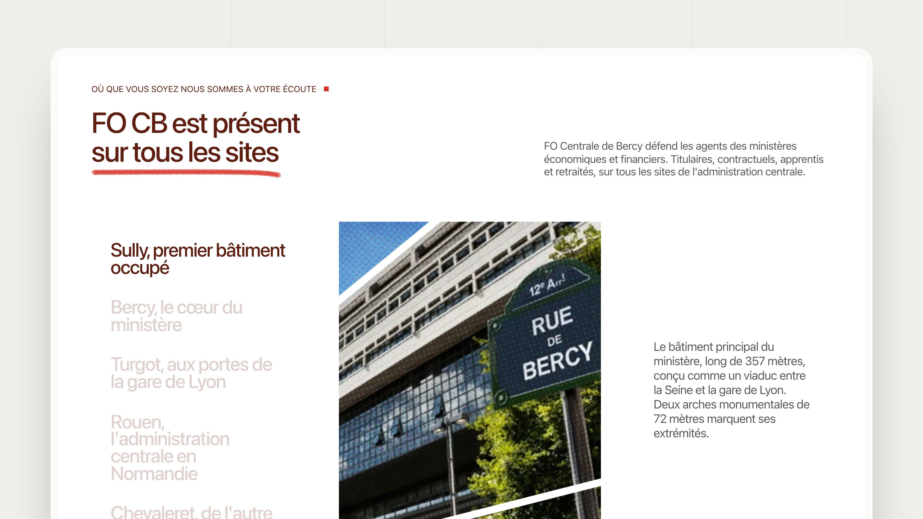 “FO CB is present on every site” section: building tabs and a photo of rue de Bercy