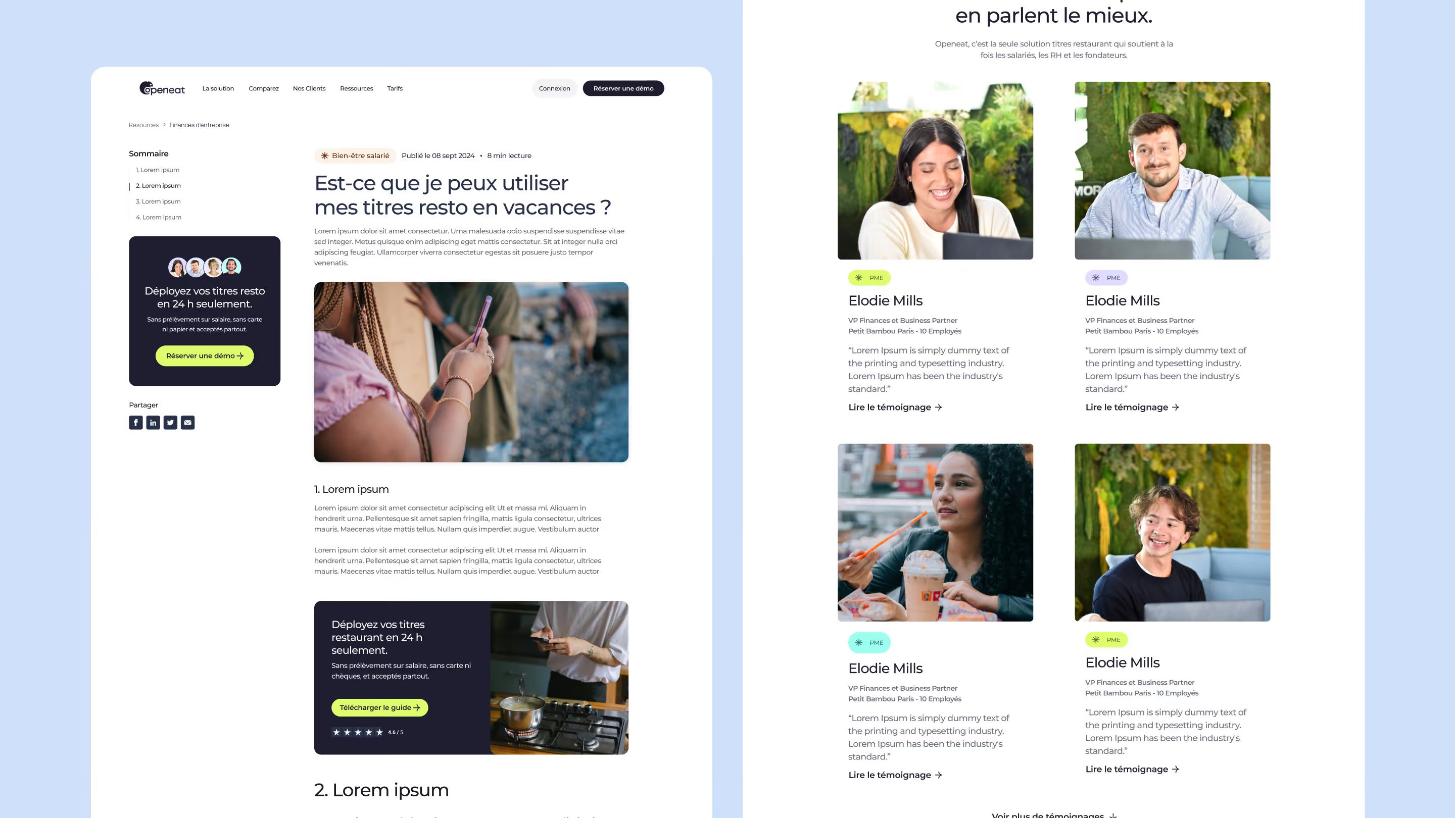 Maquettes Openeat : article de blog « Est-ce que je peux utiliser mes titres resto en vacances ? » et grille de témoignages