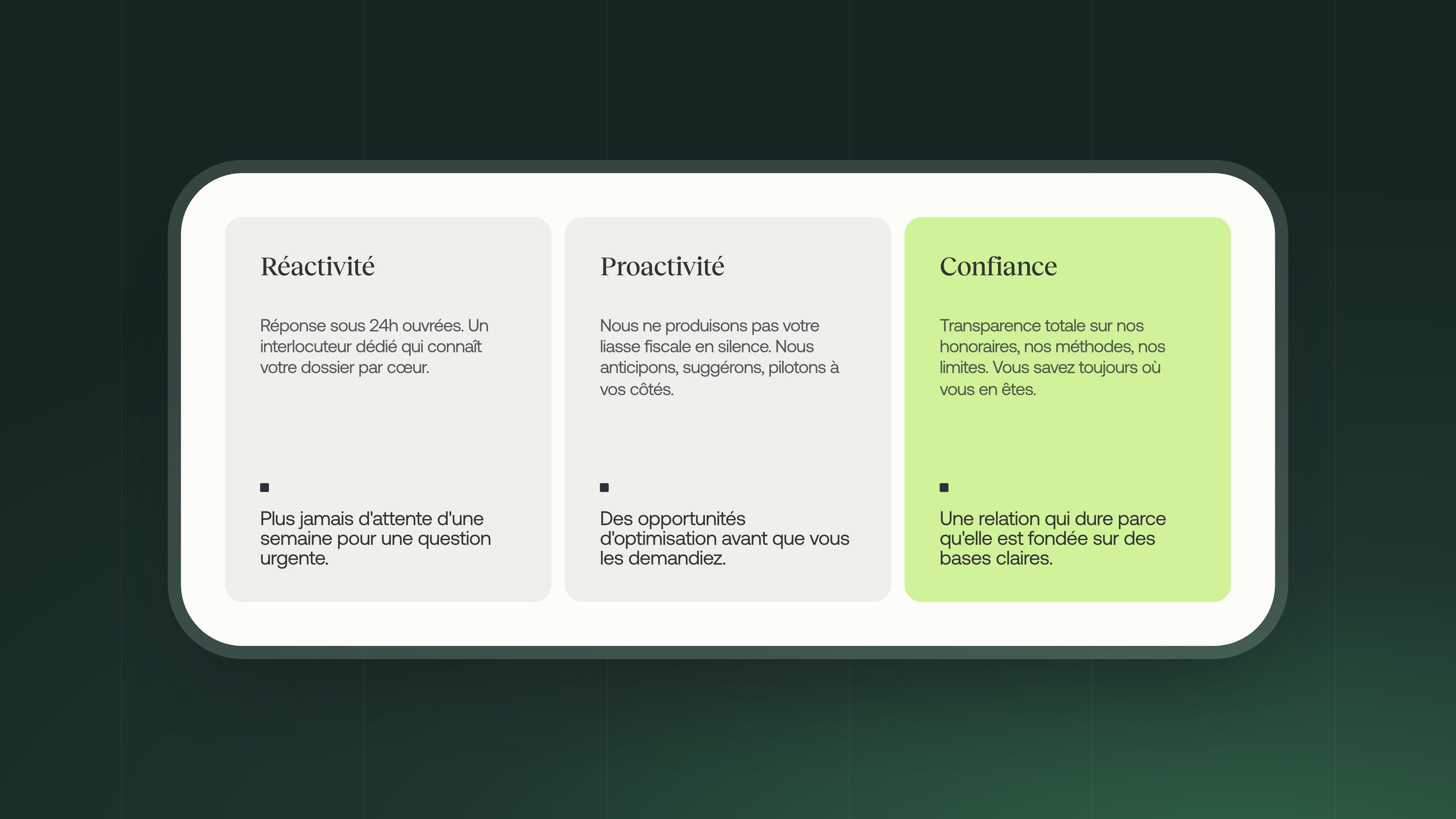 Expatrim's three commitments: responsiveness, proactivity and trust