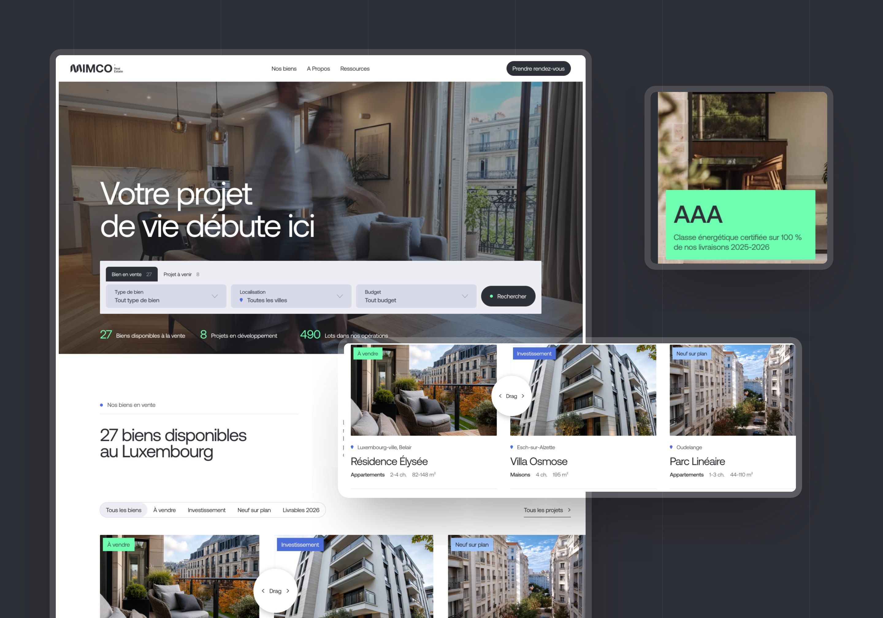 Concept 1: home page with search in the hero, property cards and an “AAA” block in mint green