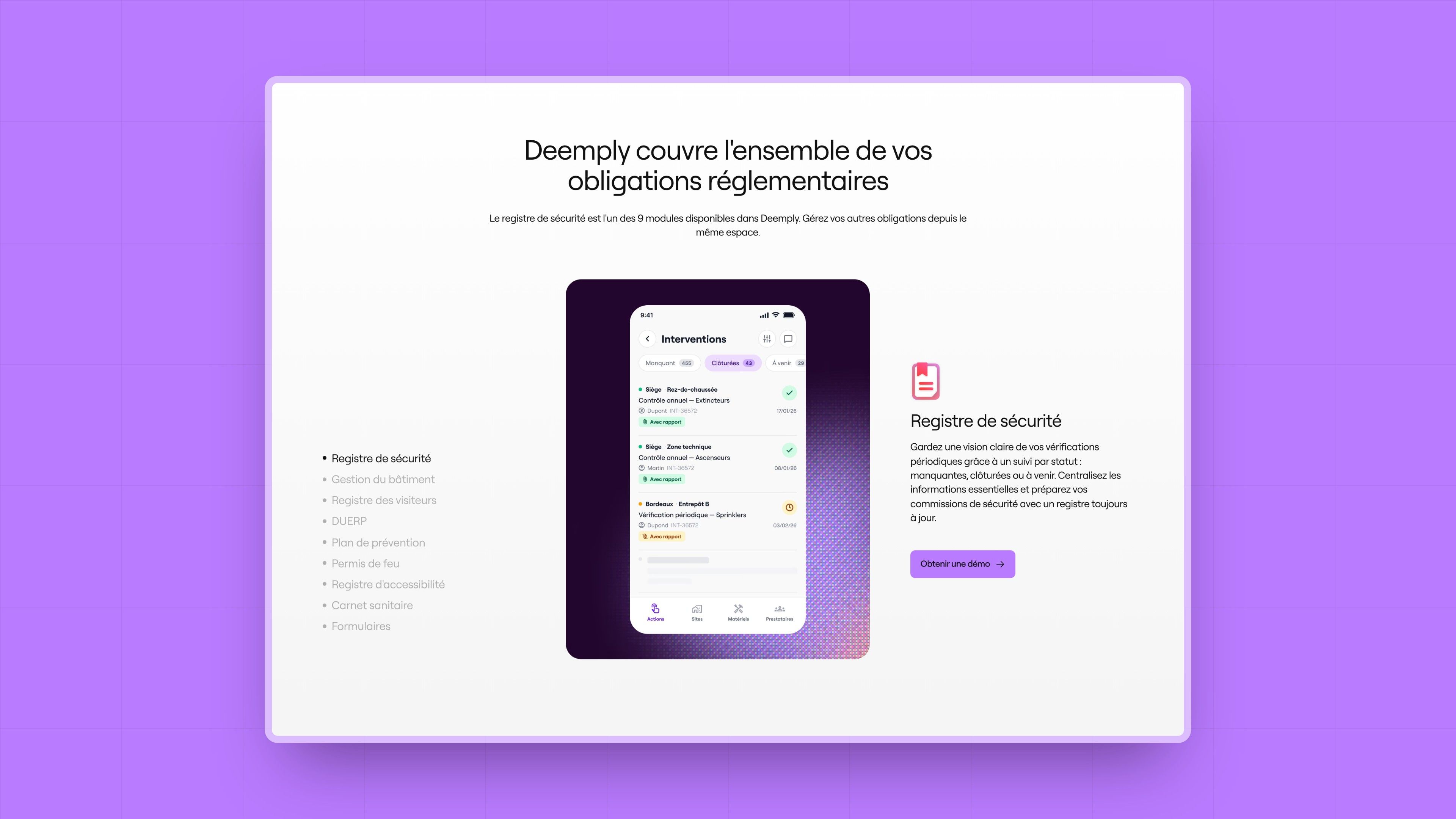 “Deemply covers all your regulatory obligations” section: list of modules and mobile app