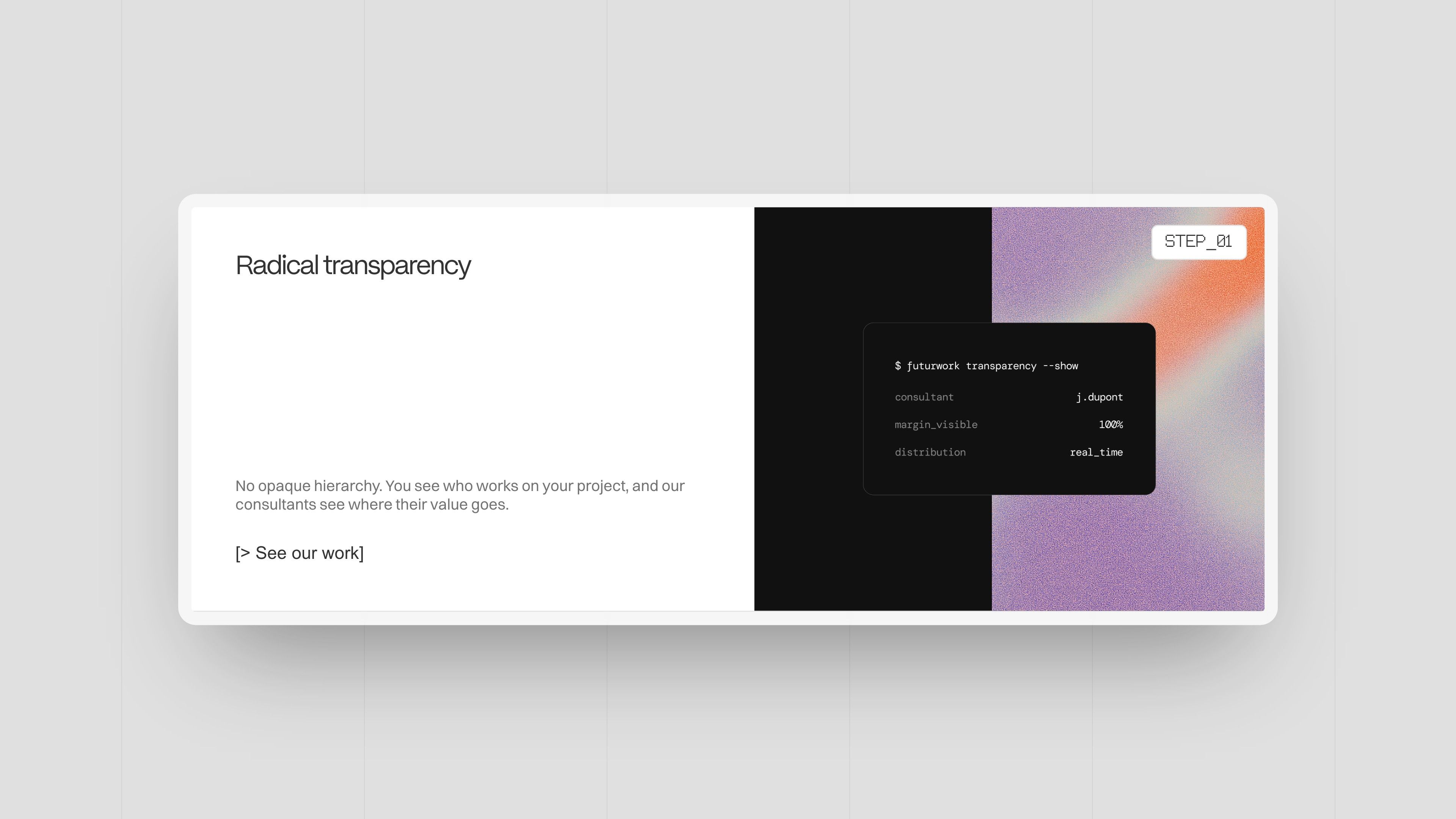 “Radical transparency” commitment: text and terminal on a black background and gradient