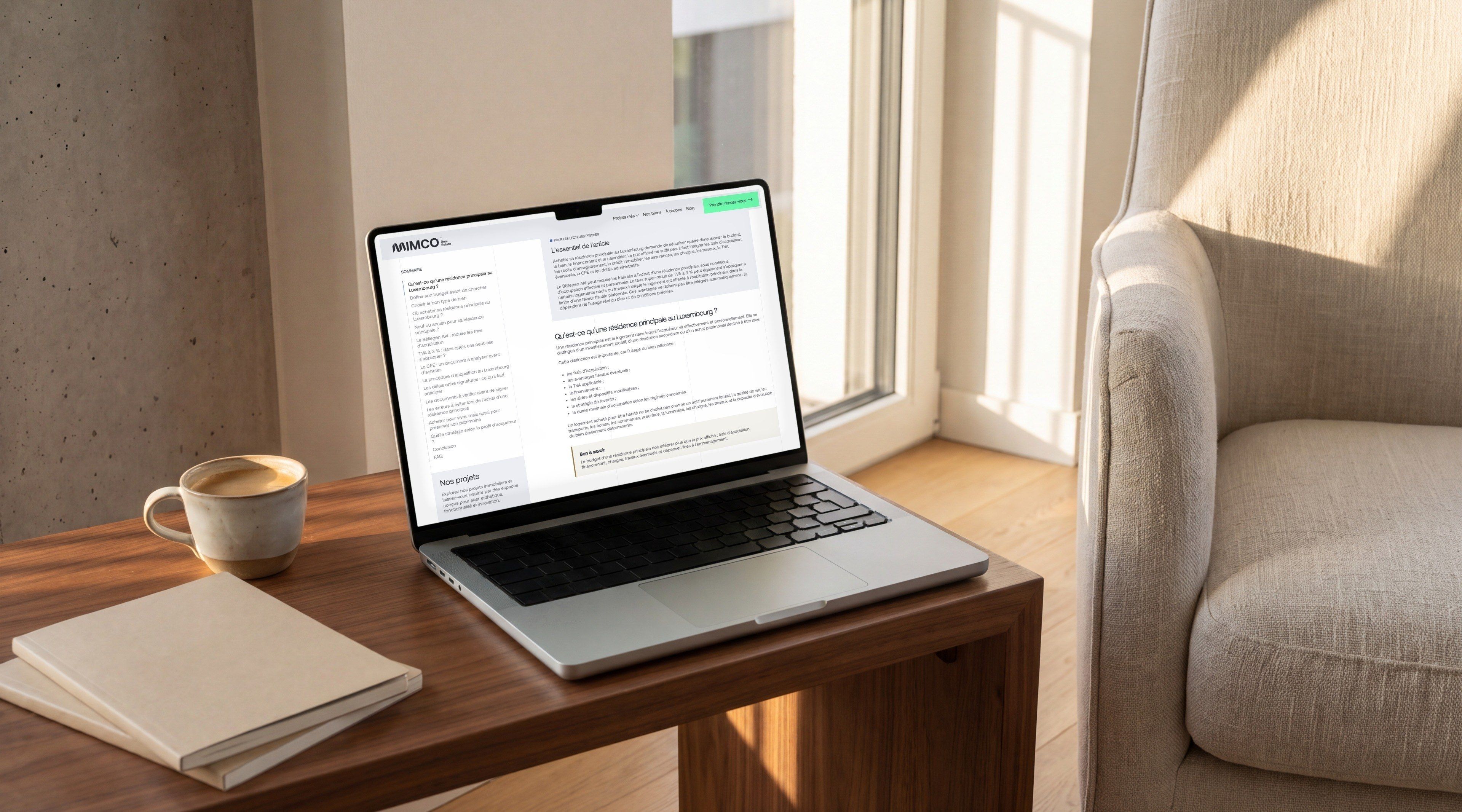 MacBook Pro on a walnut side table next to a linen armchair, open on the guide “Buying your main residence in Luxembourg”