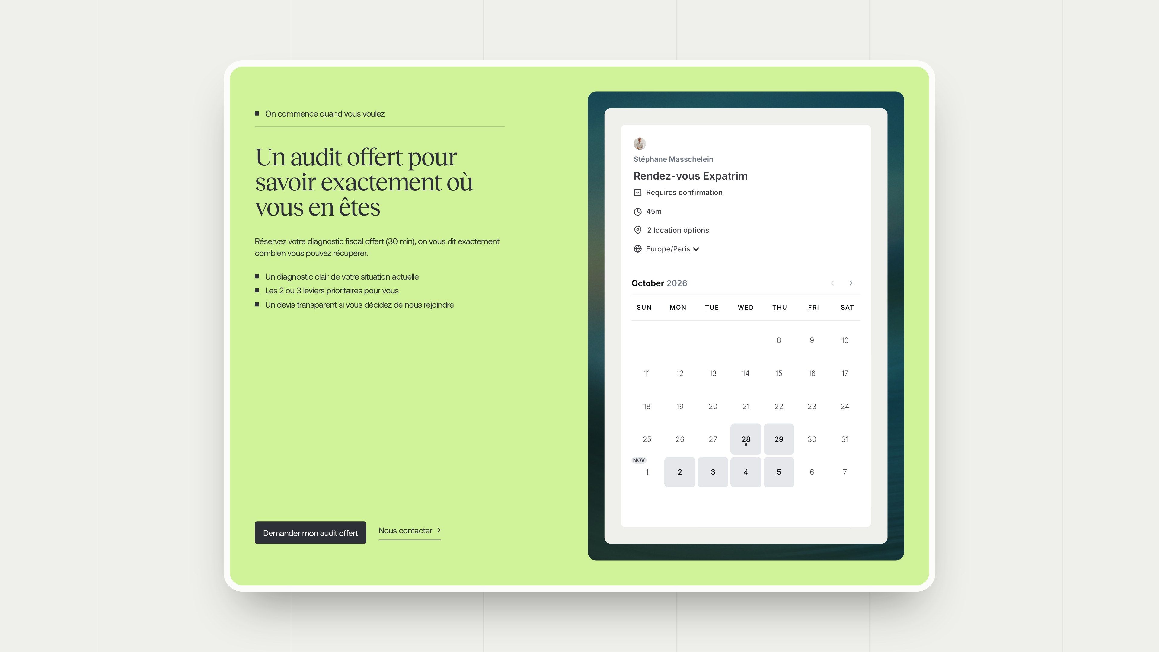 “A free audit to know exactly where you stand” block with the embedded booking calendar