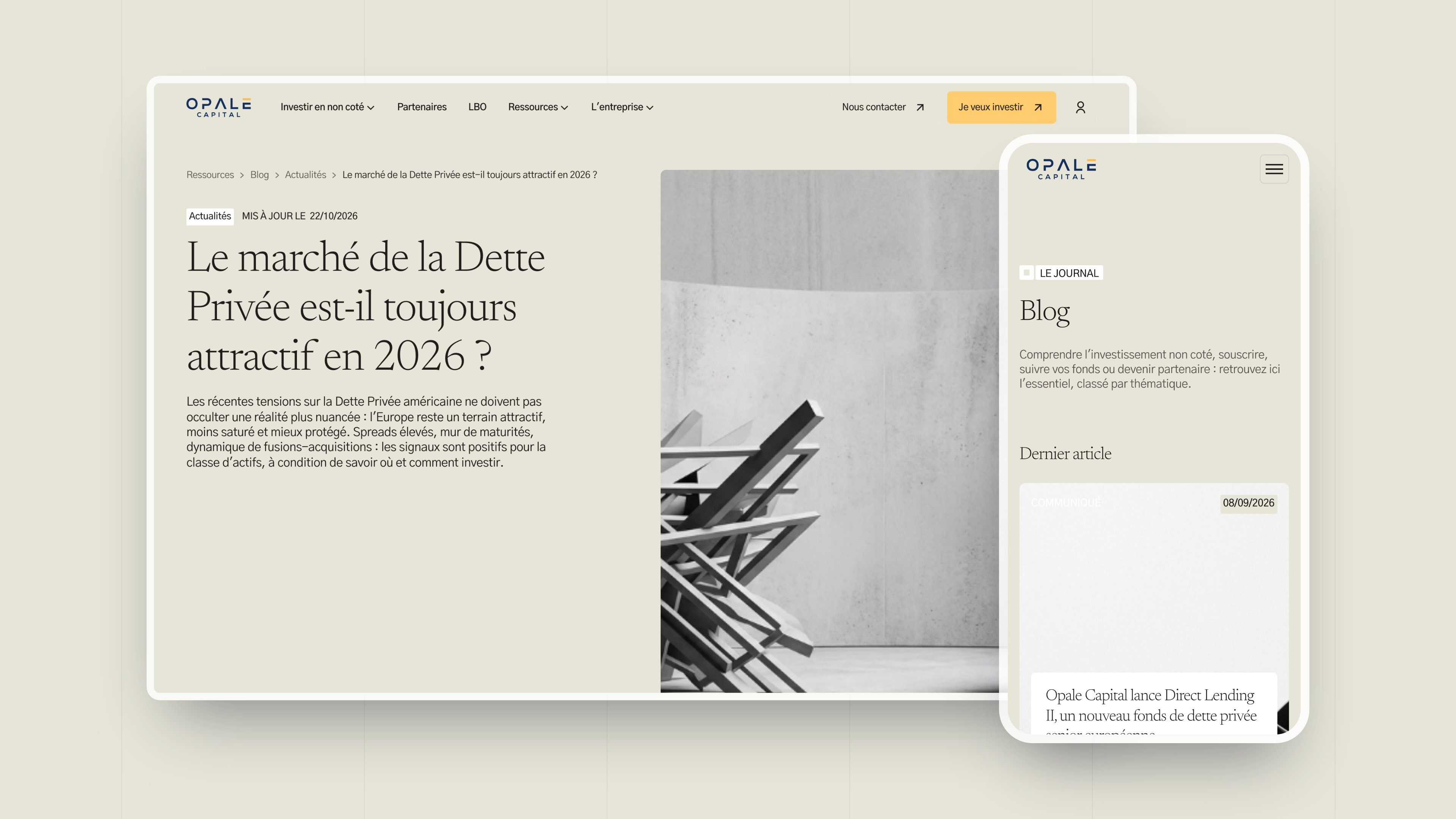 Article “Is the Private Debt market still attractive in 2026?” on desktop and the Blog page on mobile