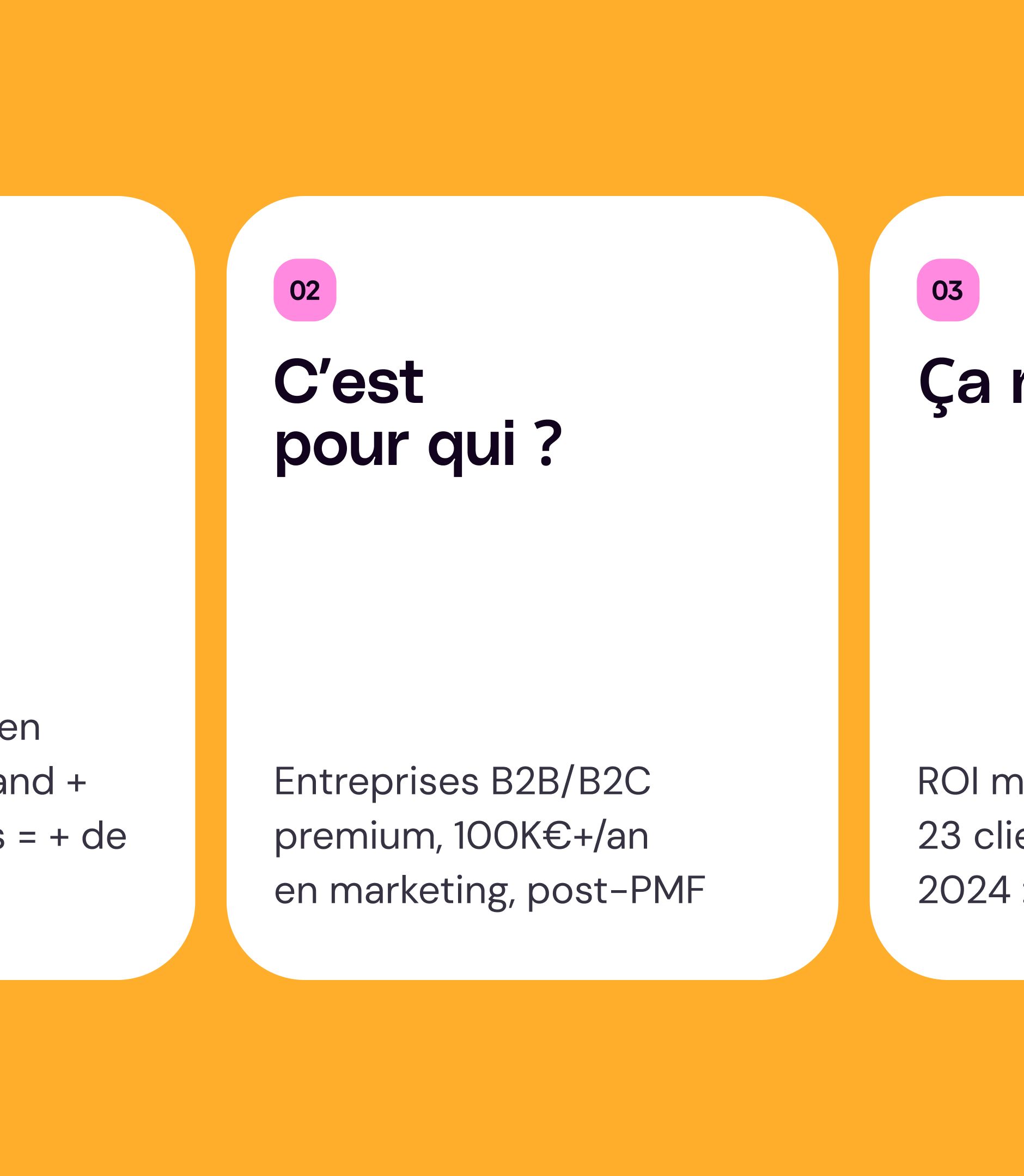 Cartes du site Panache sur fond orange : « 02 C’est pour qui ? », entreprises B2B/B2C premium, post-PMF